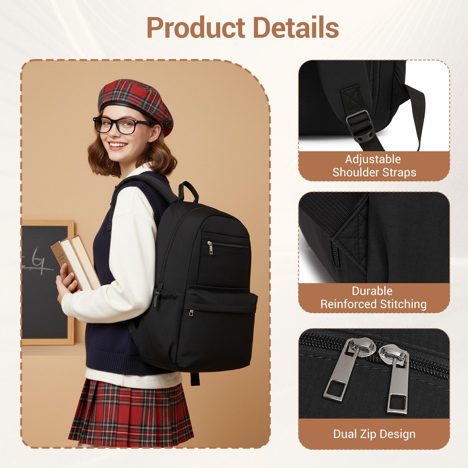 KONO Schulrucksack Laptop-Rucksack 15,6 Zoll, 18L, 44×29×14cm, leicht für Schule – Bild 4 von 5