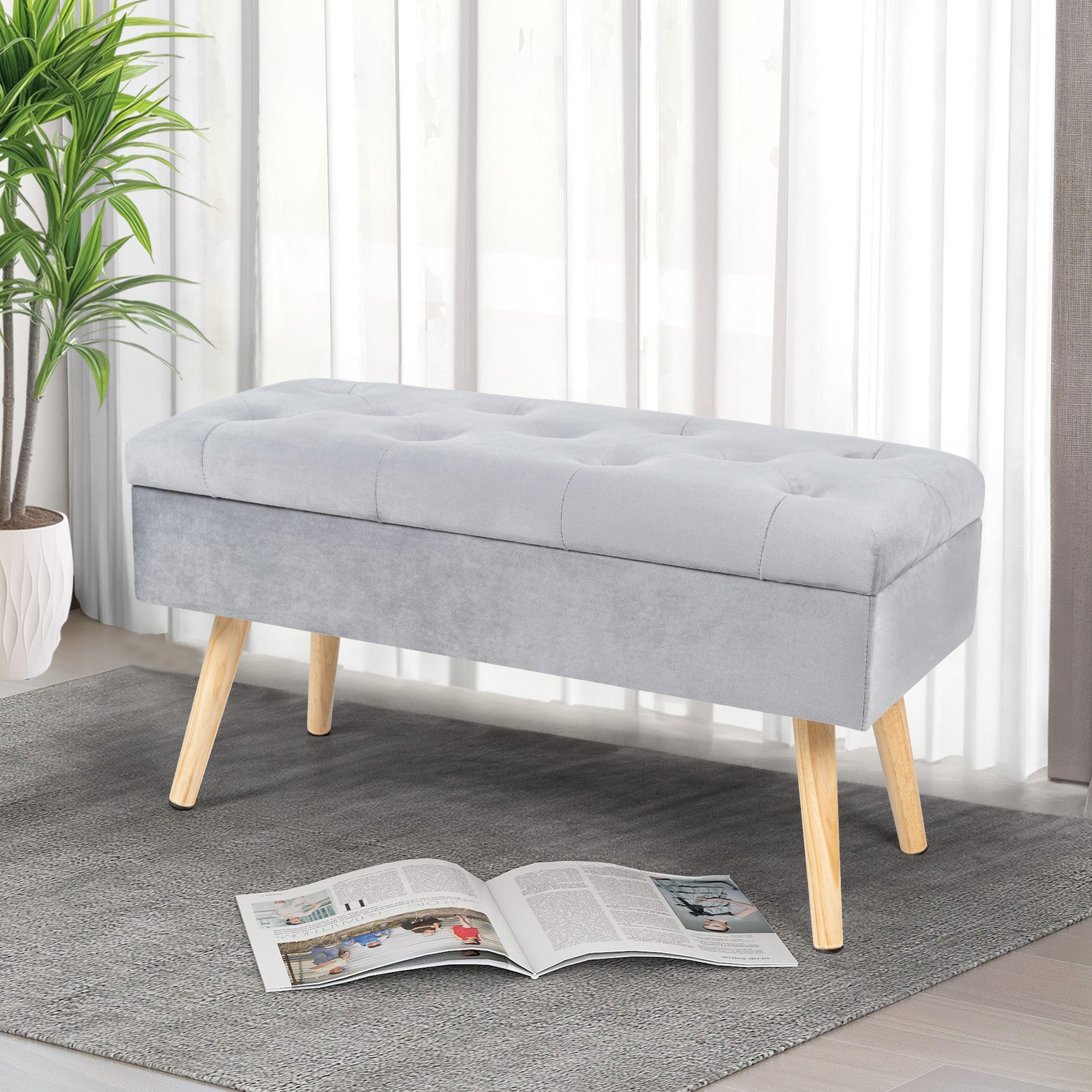 HawthyHome Polsterbank aus Samt mit Stauraum Sitzbank mit Holzbeinen