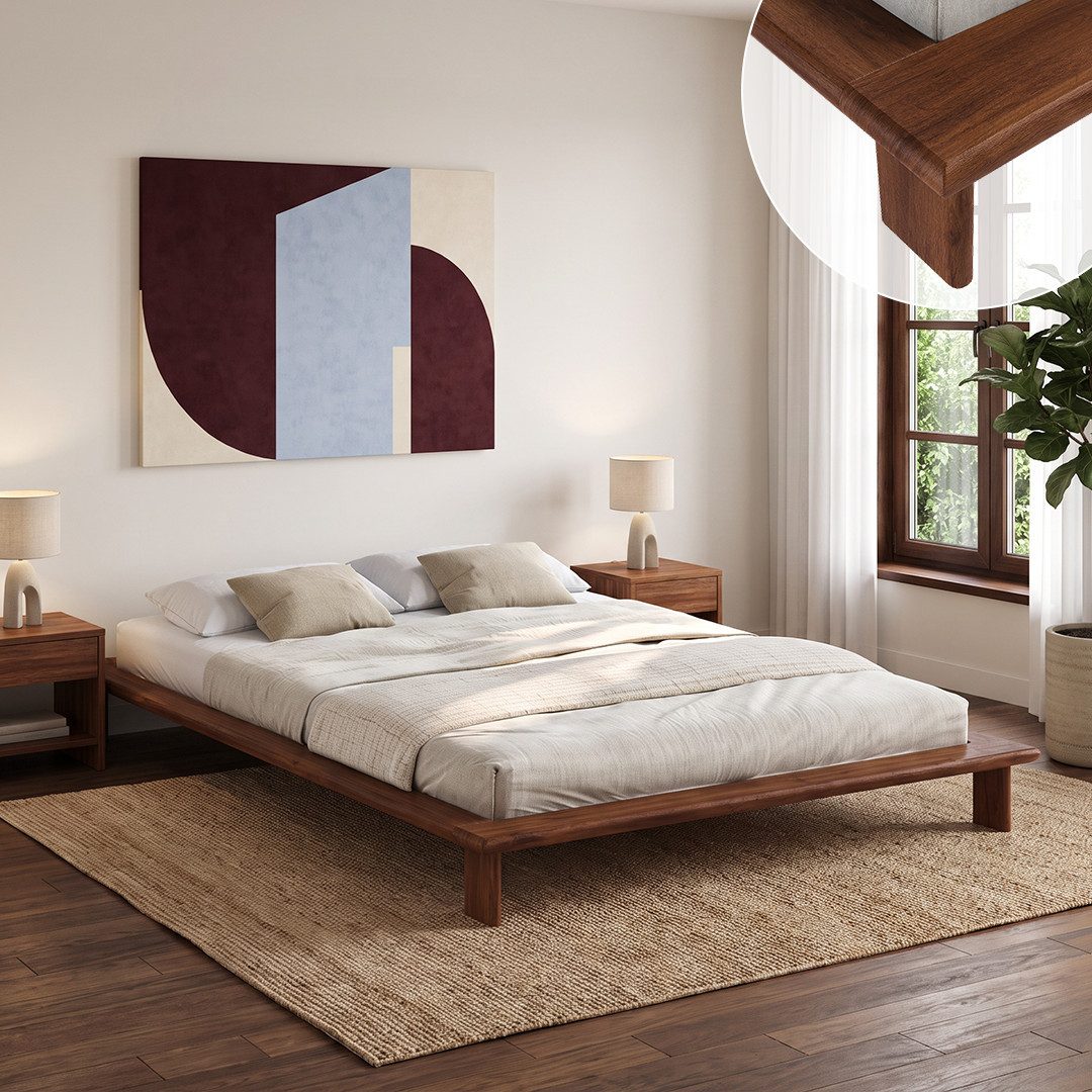 skølm Futonbett Skald aus Massivholz Eiche, Holzbett 25 cm hoch (Walnussoptik, 140x200 cm), Massivholzbett lackiert, Doppelbett in 120/160/180x200 cm verfügbar