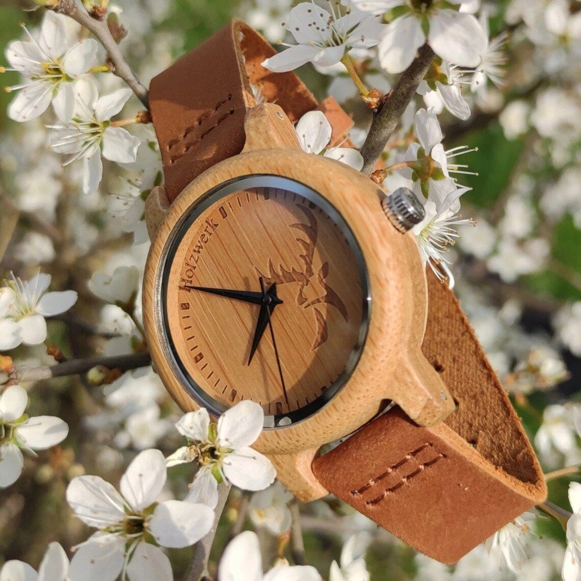 Armband Hirsch braun, Logo, Uhr, Leder GERA & Holzwerk beige kleine Quarzuhr Holz Damen