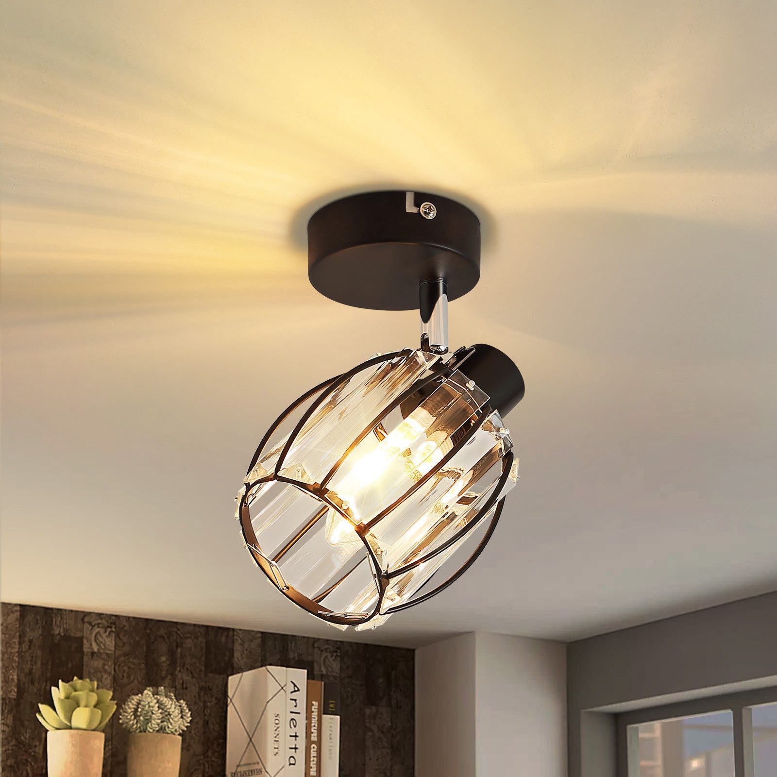 ZMH Deckenstrahler E27 15CM Wohnzimmer Schwarz Kristall Modern Deckenlampe Vintage Flur, Einfache Installation, ohne Leuchtmittel, Küchenlampe mit Metall Rahmen Innen Hotel