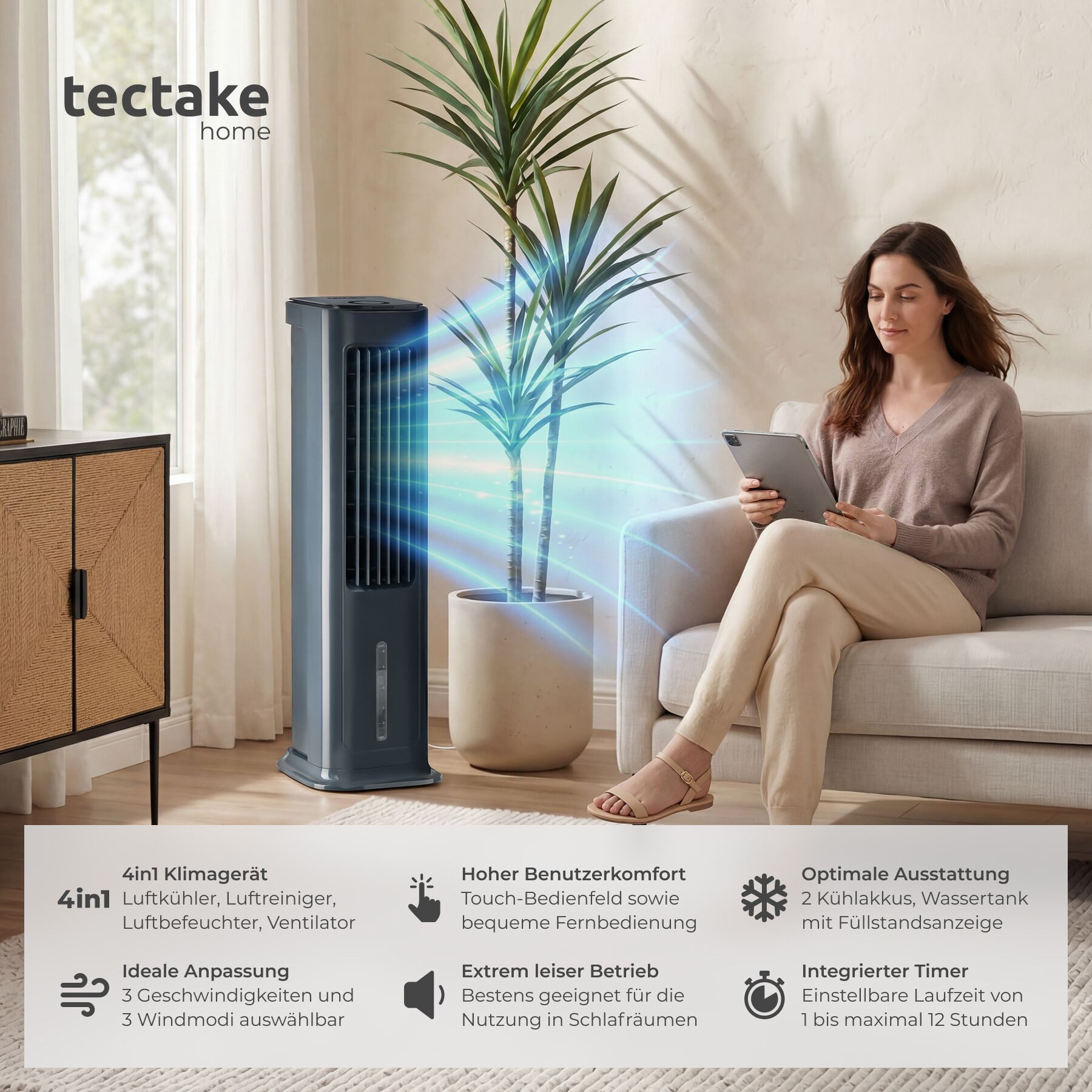 tectake Ventilatorkombigerät Luftkühler Alaska in anthrazit, leise, 3 Modi, Inkl. Fernbedienung, 4in1, 5 l Wassertank, 12-Stunden-Timer, Touch-Display, energiesparend