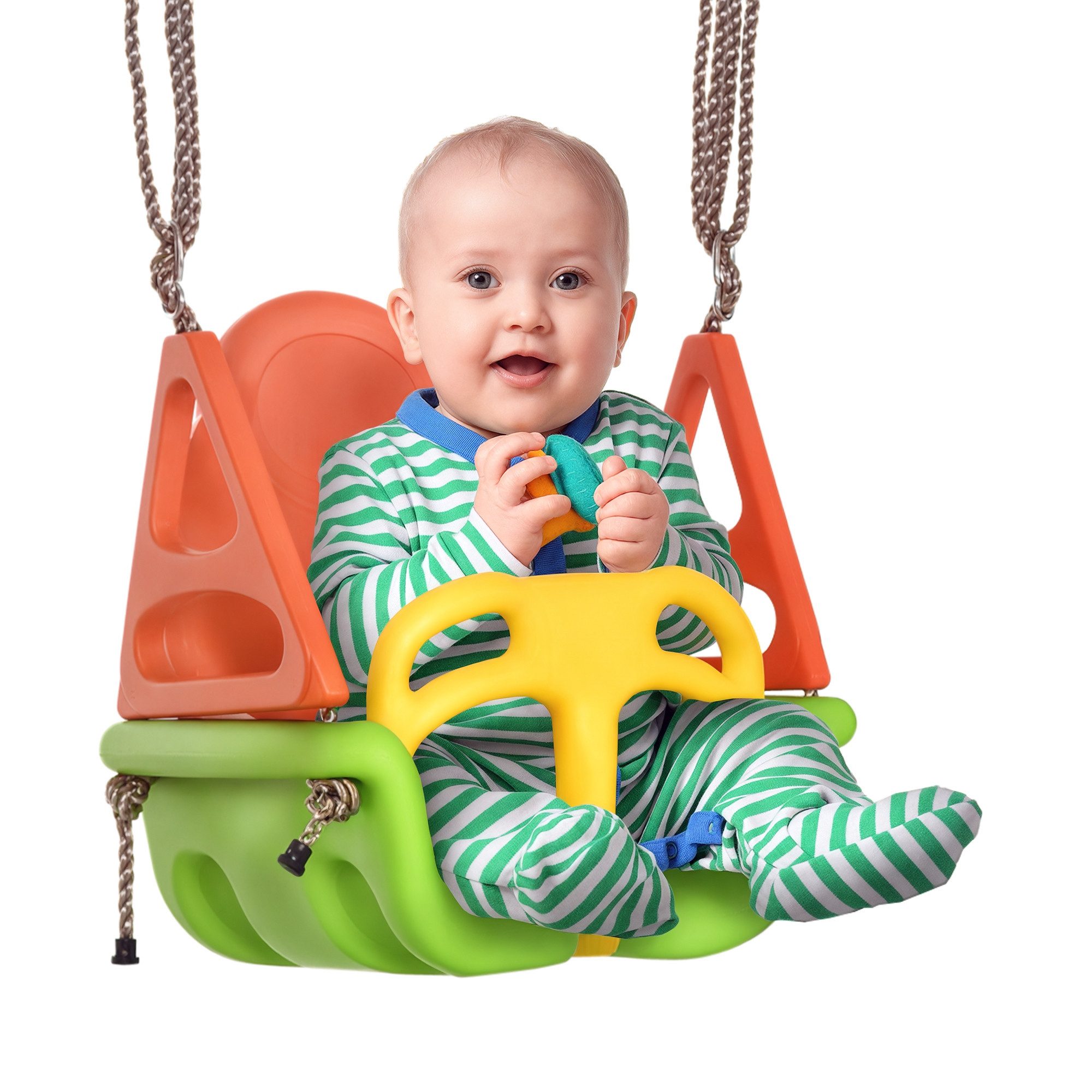 Outsunny Einzelschaukel Babysitz Schaukelsitz mit Rückenlehne, für Outdoor & Indoor, (Babyschaukel, 1-tlg., Kinderschaukel), für Garten, Balkon, Grün+Gelb+Orange