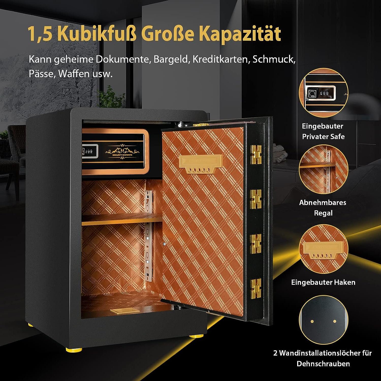 KOMFOTTEU Tresor mit Elektronischem Code & Schlüssel, verstellbares Regal