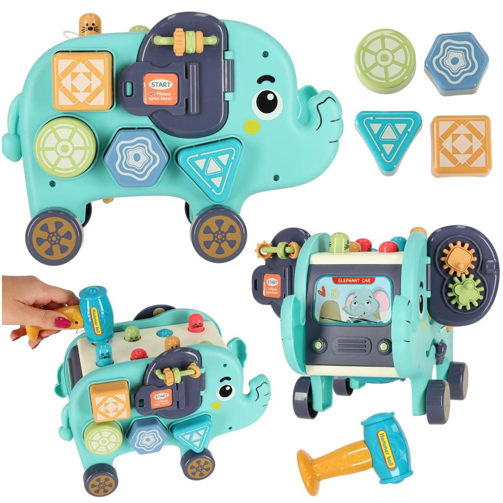Ikonka Lernspielzeug Montessori Elefant Sensorik-Sorter Lernspielzeug Kinder (Montessori-Spielzeug mit Sortierfunktion und Hammerbank, Sensorik-Elefanten-Set mit Hammer, Sorter und Formbausteinen), 3-in-1 Spielzeug: Sorter Montessori Sensorik-Spiel