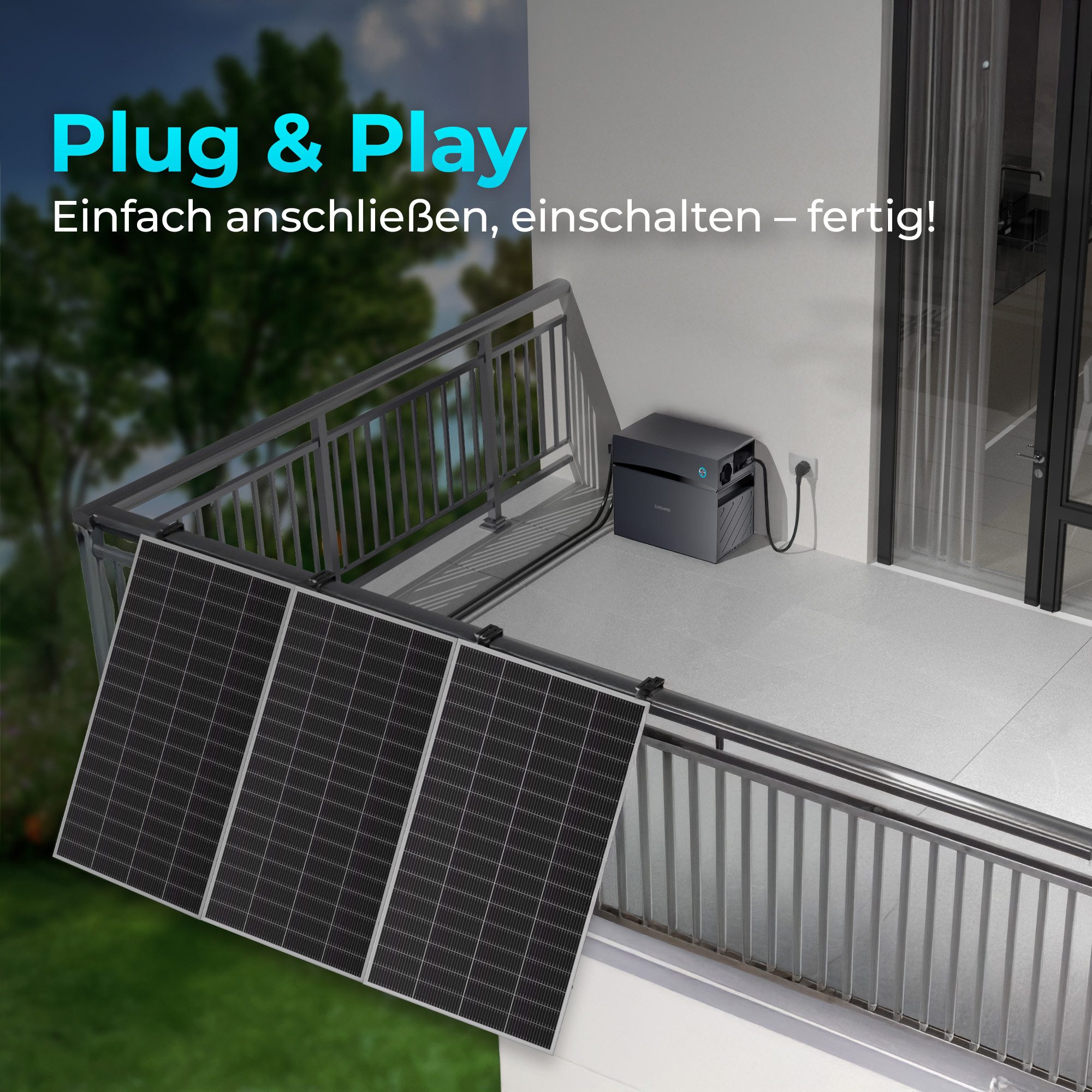 Sunshare Balkonkraftwerk Ray Lite – wählbar 600/800/1000/1200 W +2 kWh Speicher & Smart Meter, 200 W, Monokristallin N‑Typ TOPCon, (Komplettset), Solarstrom erzeugen, speichern und per App in Echtzeit überwachen