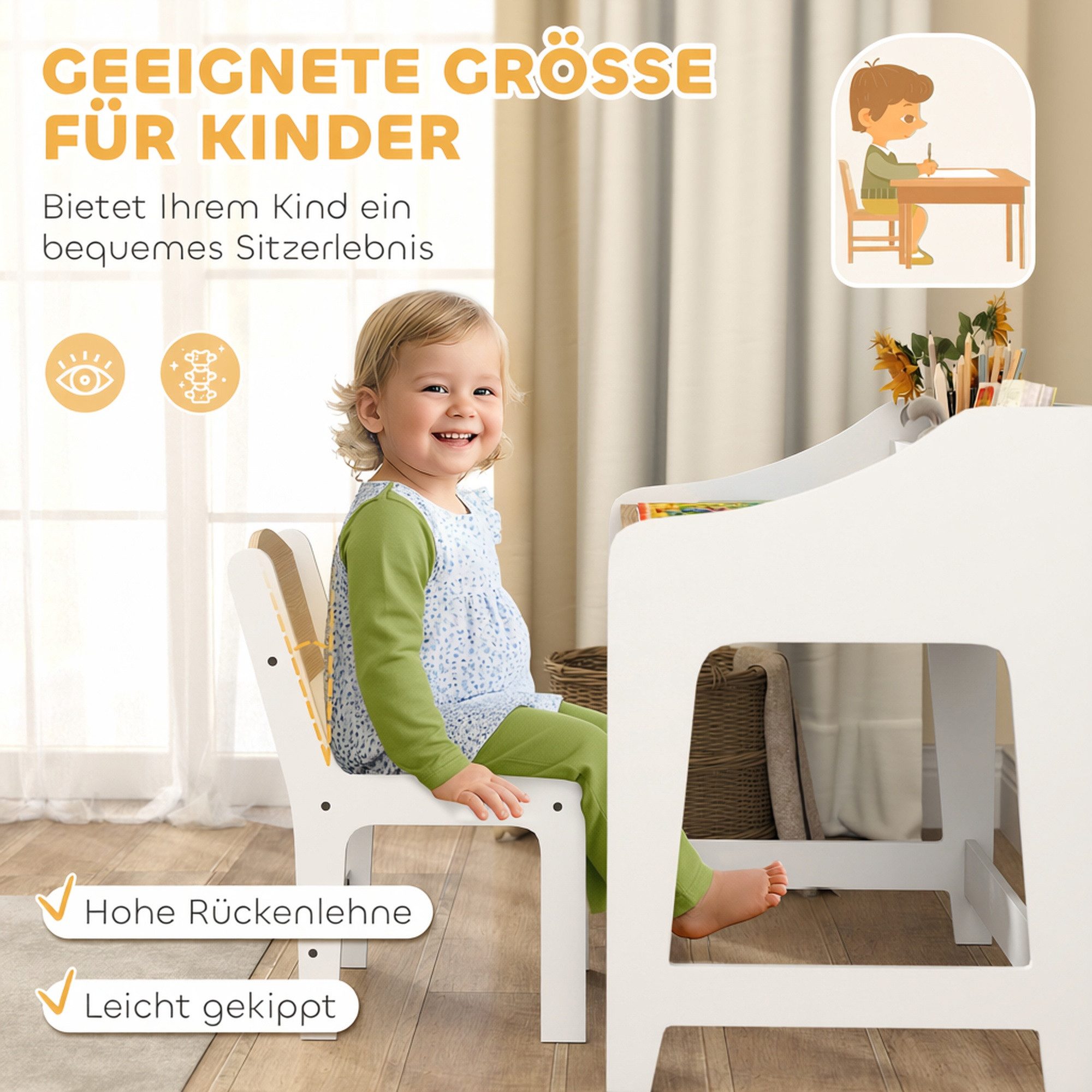 AIYAPLAY Kindertisch Kinderschreibtisch mit Tisch-Set, mit 5 Fächern, Natur (Schülerschreibtisch, 2-St., Kinder Schreibtisch und Stuhl), für Kinderzimmer, Natur – Bild 4 von 5