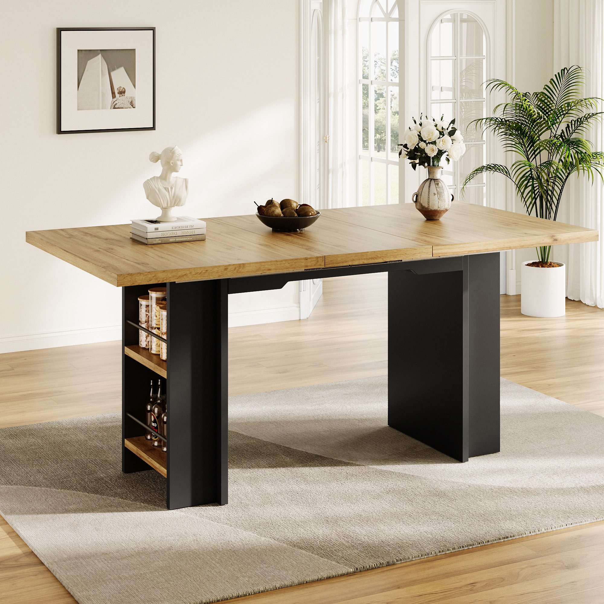 Flieks Esstisch ausziehbare Tischplatte in Holzoptik (Länge120-160/T80/H75 cm, 1-St., 1 Tisch), erweiterbarer Küchentisch mit Regalen Schreibtisch rechteckig