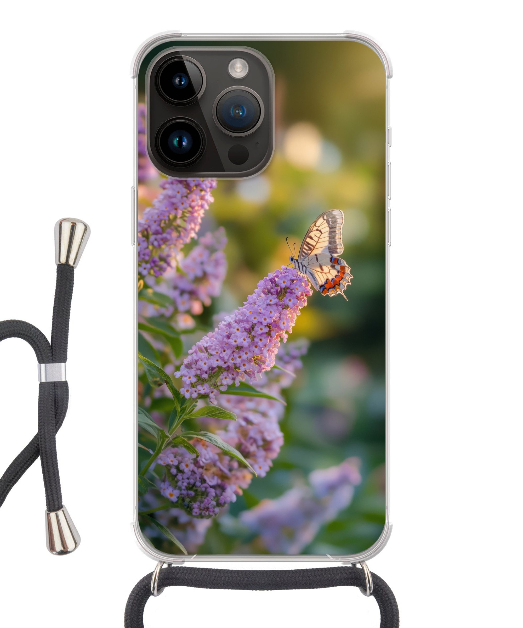MuchoWow Handyhülle für Apple iPhone 14 Pro Verschnörkelt - Schmetterling - Lila - Blumen, Tragbare Handyhüllen mit Kette zum umhängen, Handykette Handyband