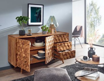 Wohnling Sideboard WL6.563 (138x76x45 cm Sheesham Massivholz, Anrichte Modern), Kommodenschrank Wohnzimmer, Kommode mit Türen