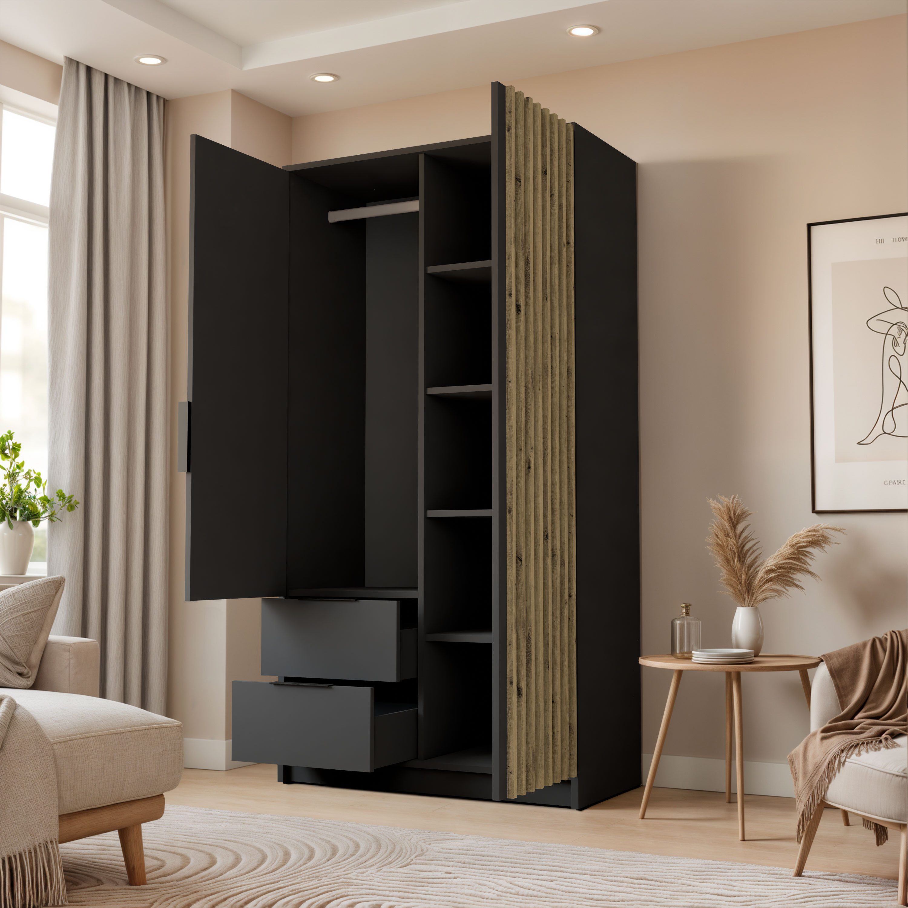 Lookway Kleiderschrank NELA 105 cm Zweittüriger Schrank mit Lamellen Breite: 105 cm