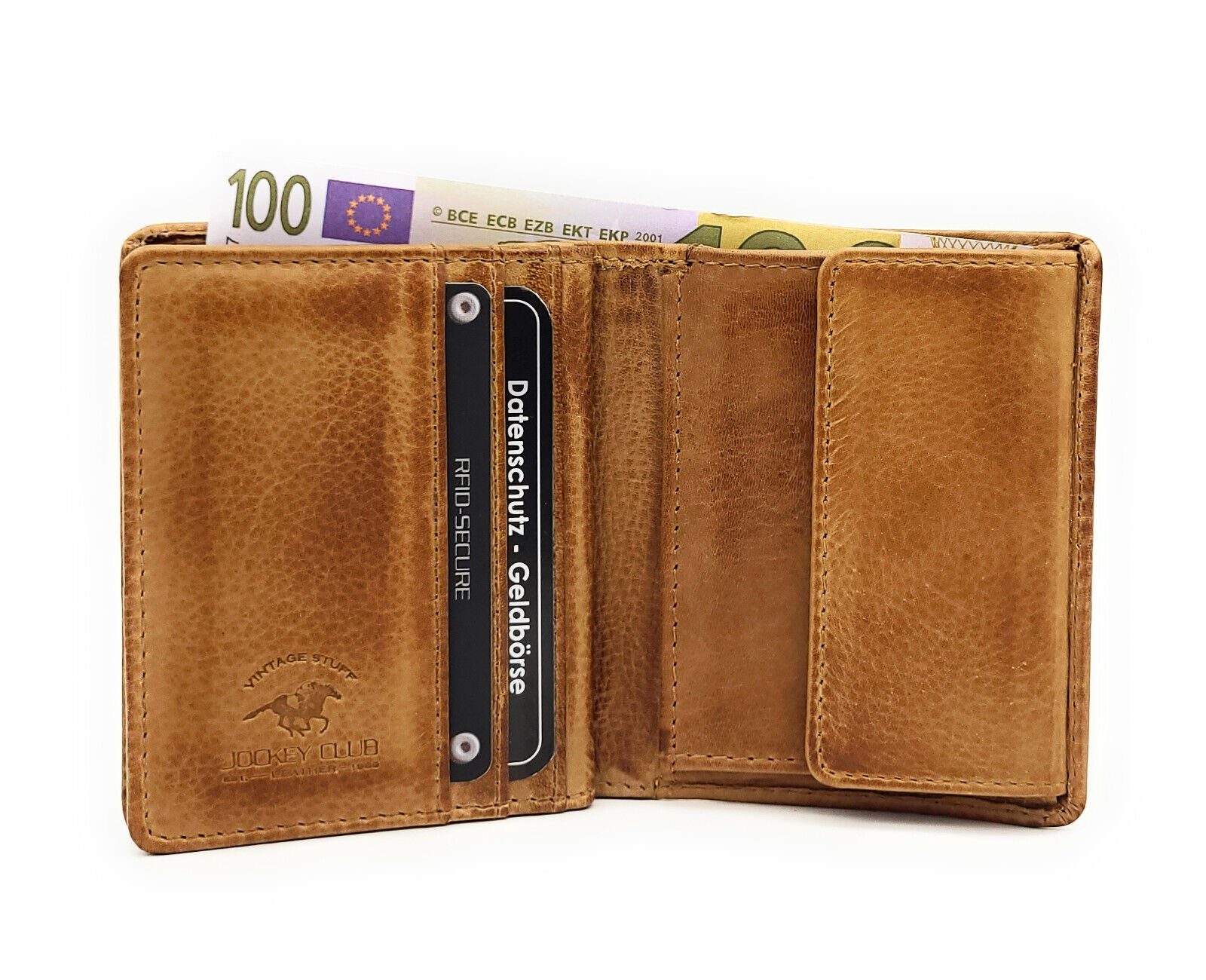 JOCKEY CLUB Mini RFID braun, Rindleder gewachstes Schutz mit Geldbörse Leder vintage echt Portemonnaie