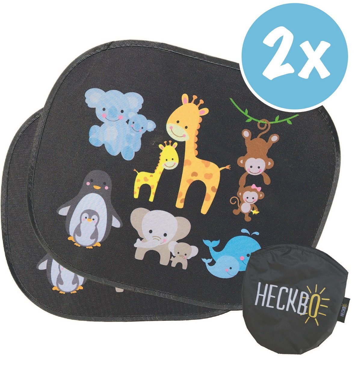 HECKBO Sonnenschutz 2x Auto Sonnenblende mit 8 Saugnäpfen - Baby Tiere mit Mama