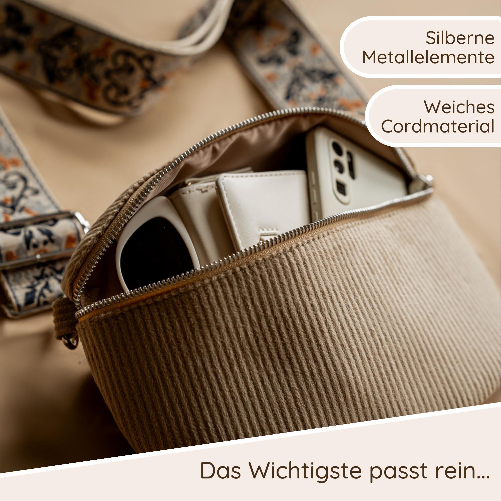 ARTVALL Umhängetasche Cord Handtasche Brusttasche Schultertasche Schwarz (Tasche inkl. Taschenband), Cord Bauchtasche Cordtasche Stoff weich abnehmbarer Taschengurt Klein