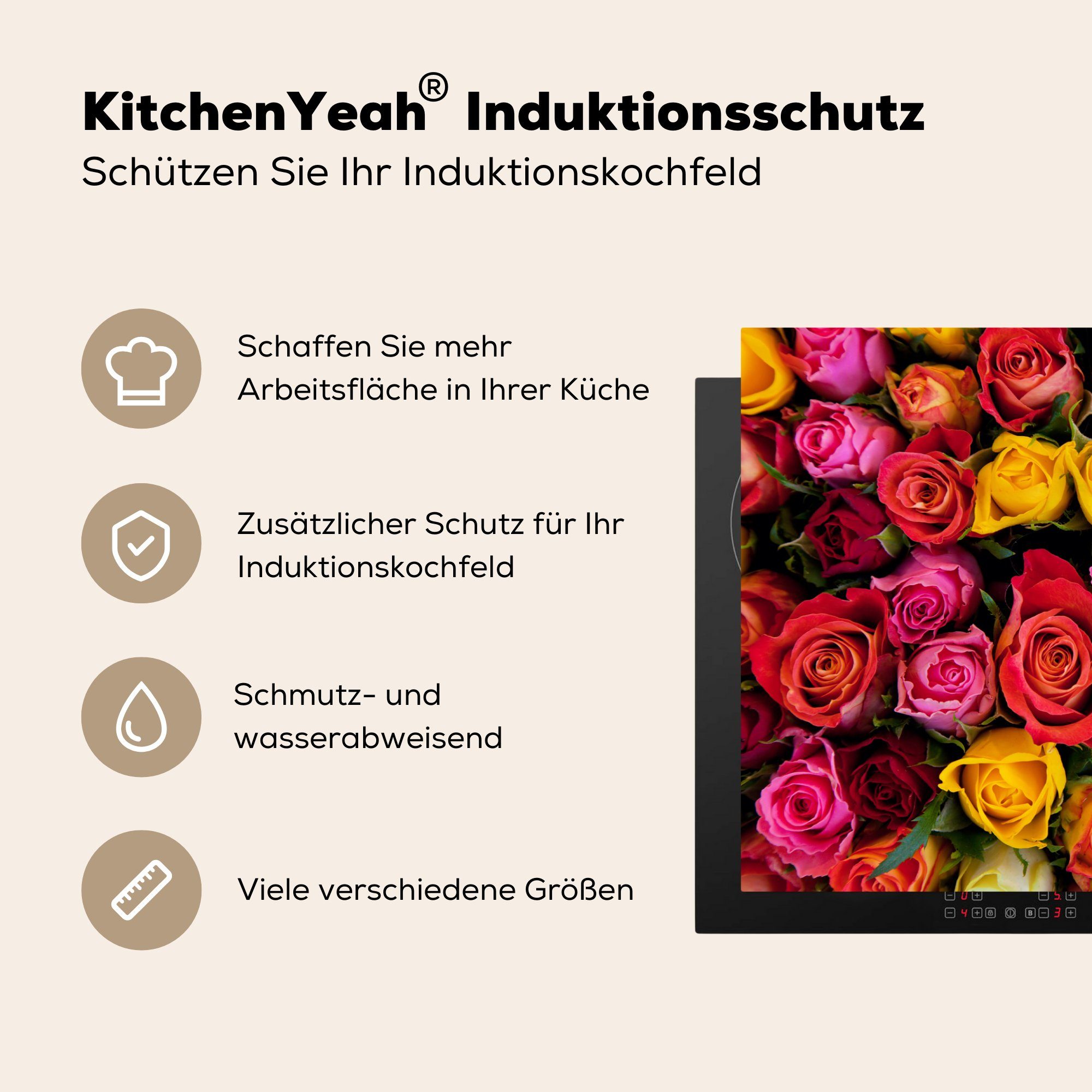 MuchoWow tlg), Rosa cm, - Vinyl, küche, Rosen - (1 für Schutz Herdblende-/Abdeckplatte Rot, 81x52 die Induktionskochfeld Ceranfeldabdeckung