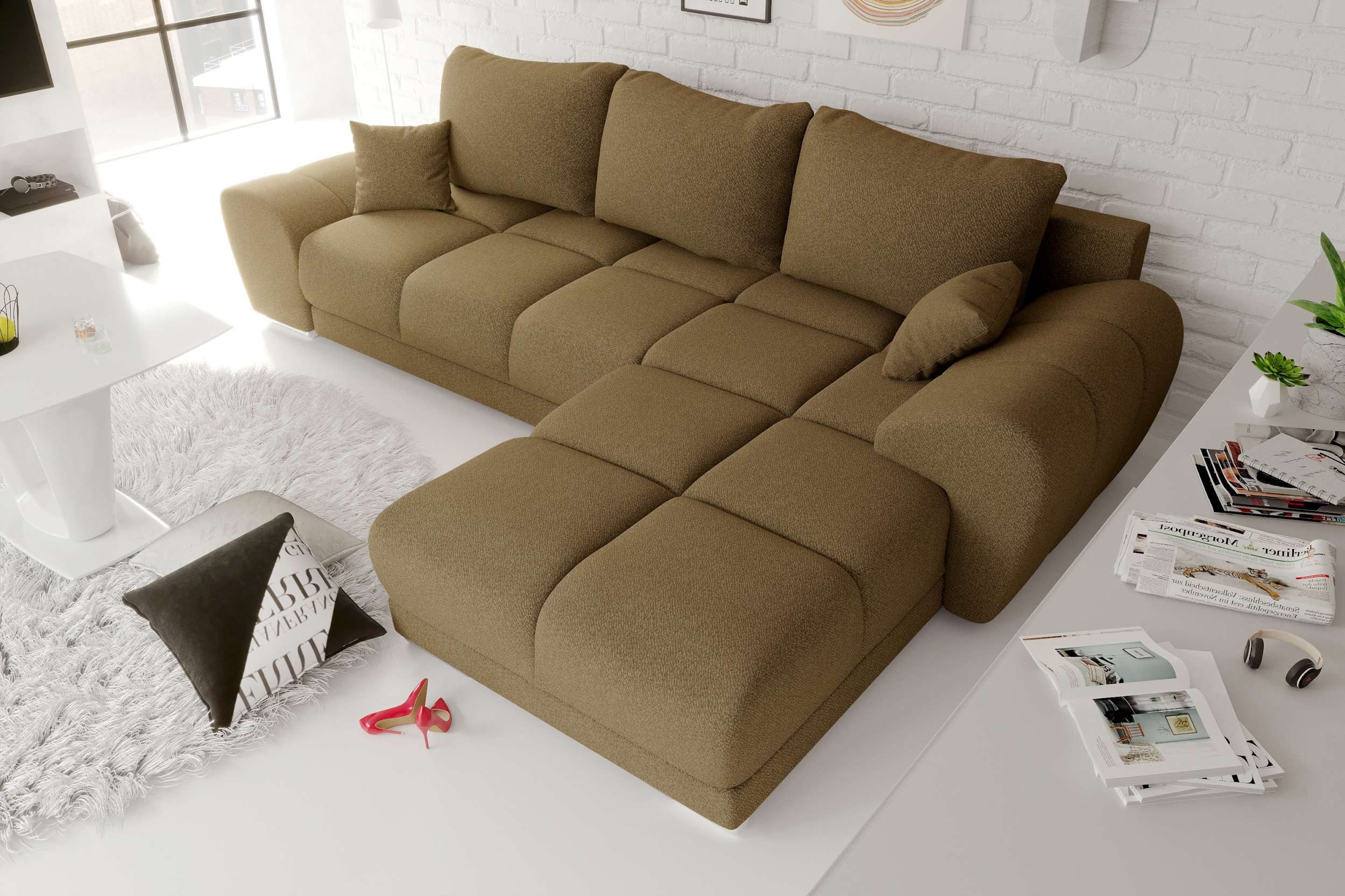 99rooms Ecksofa Antalya, Sofa L-Form, Eckcouch, mit Rückenkissen, Schlaffunktion, Strukturstoff NEVE