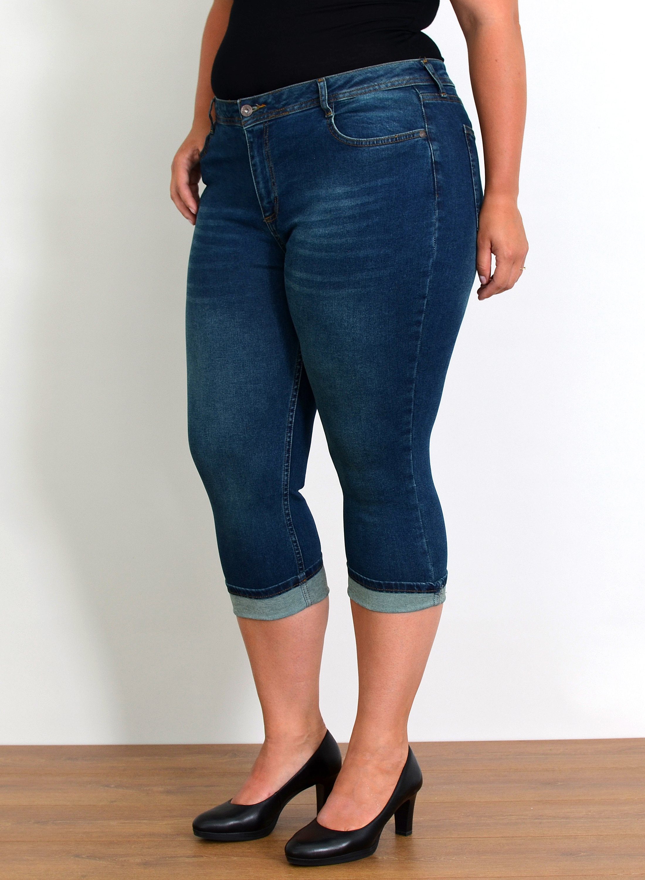 ESRA Caprijeans Capri Jeans Damen High Waist Hose 3 4 Jeans Damen Sommer bis Übergröße Sommer Damen Jeans Capri Hose Damen 3/4 Hose hoher Bund Große Größe