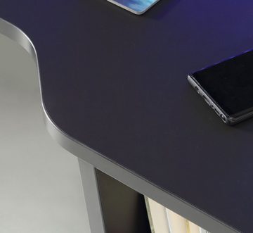 möbelando Schreibtisch Tamas, Gaming Gamingtisch mit 1 Tür, 1 Schubkasten, Monitorauflage und offene Fächer inkl. RGB-Beleuchtung in schwarz / matt - B/H/T ca. 160 x 91 x 72 cm