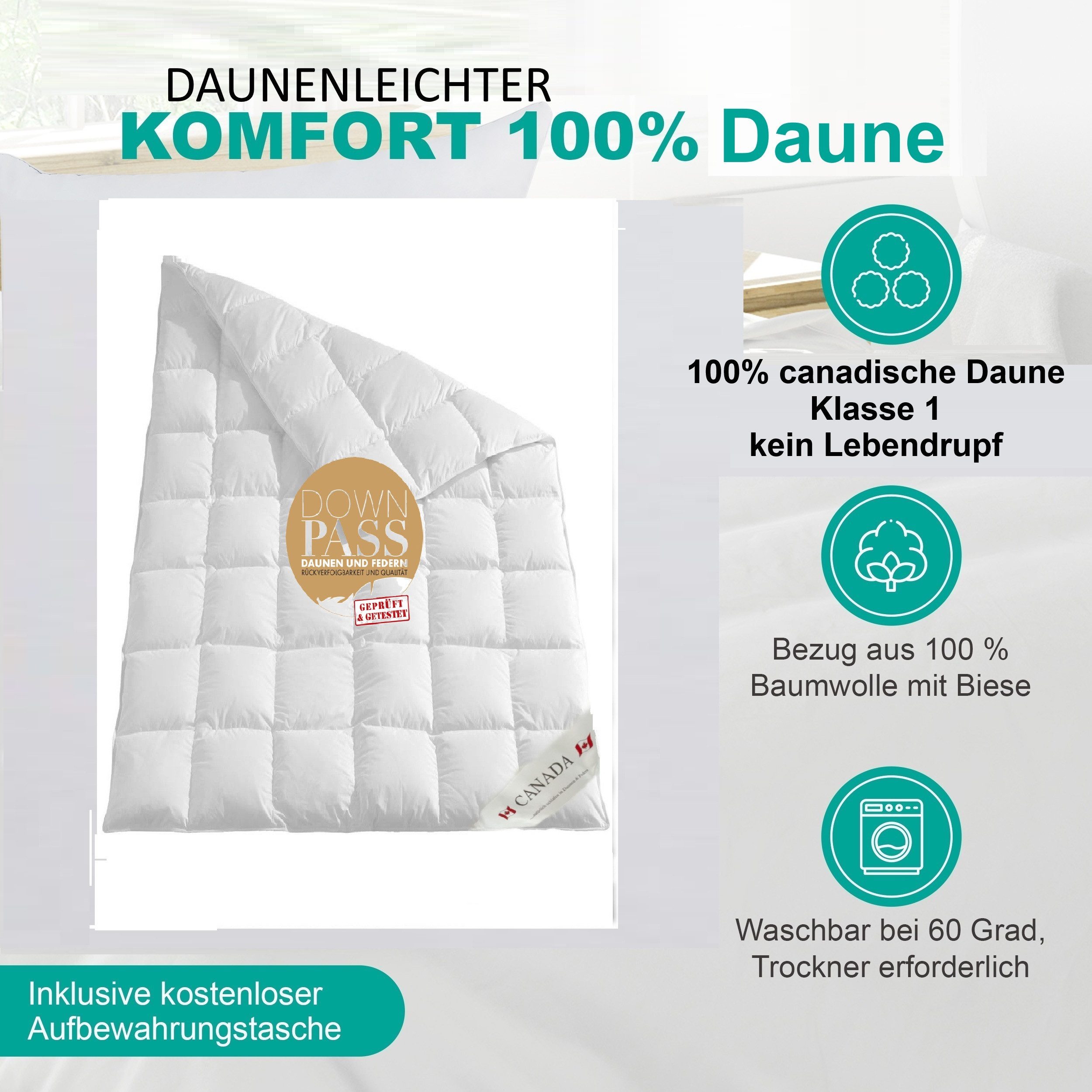 Canada Daunenbettdecke Canada Premium 100% Gänsedaune Frühjahr-Herbst, Füllung: Daune Klasse 1, leicht und weich, Innensteg 2 cm