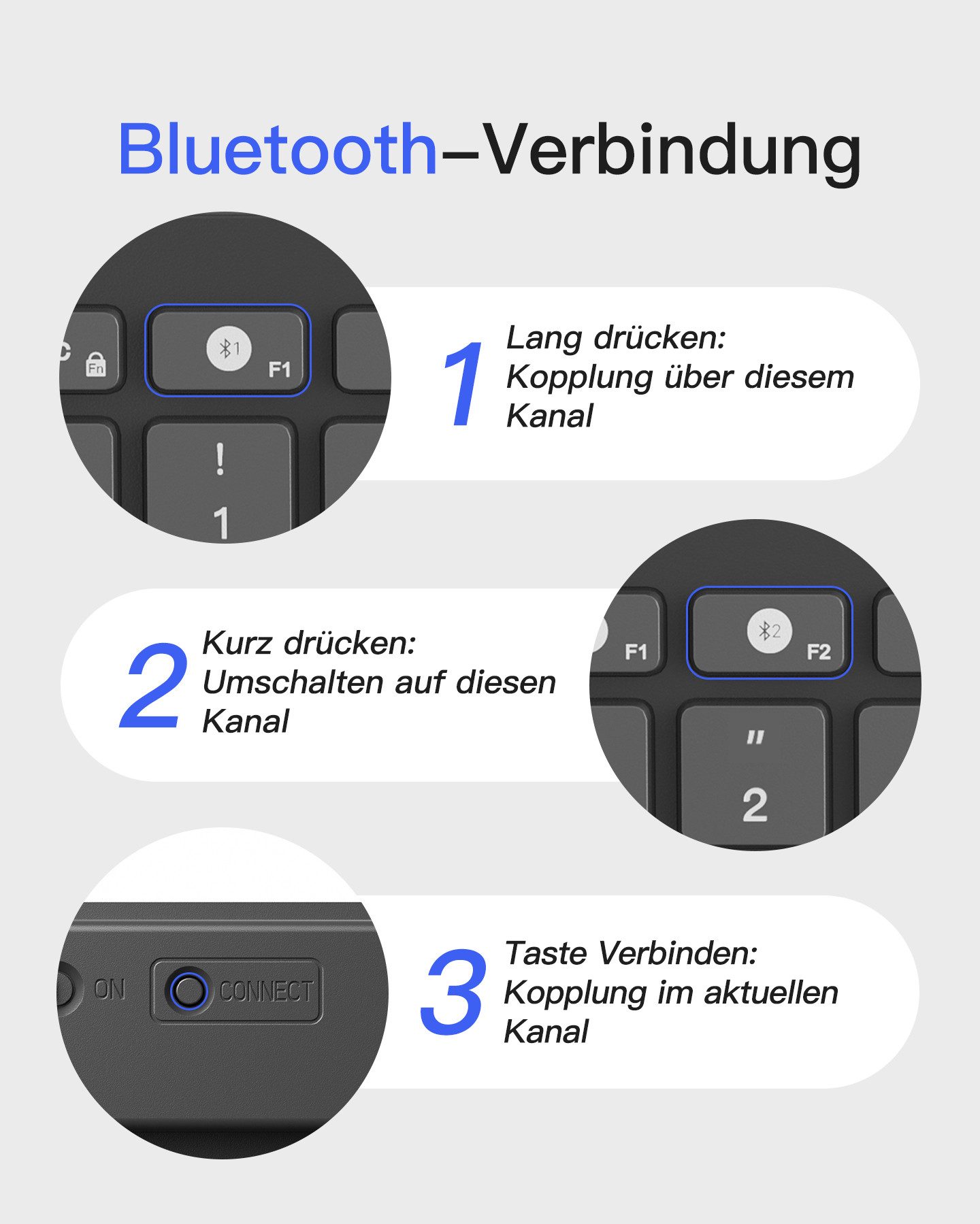 Inateck für iPad Pro/Air/Mini/Windows/Android/IOS, Ergonomisches Design Wireless-Tastatur (Ultraslim, Vergrößerte Tastenkappen, 3 Bluetooth)