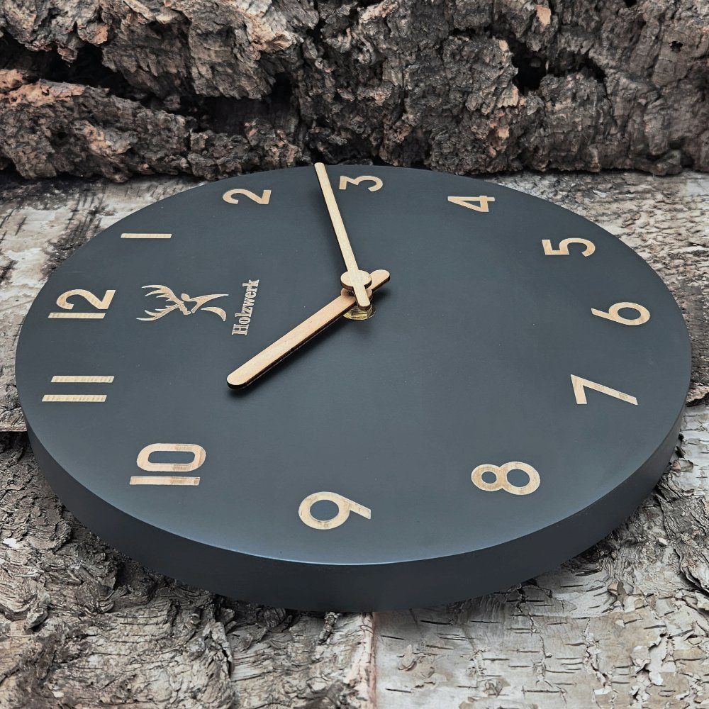 Holzwerk Wanduhr Designer Loft Quarzwanduhr aus Holz (Nahezu lautloses Uhrwerk, analog, 25 cm)