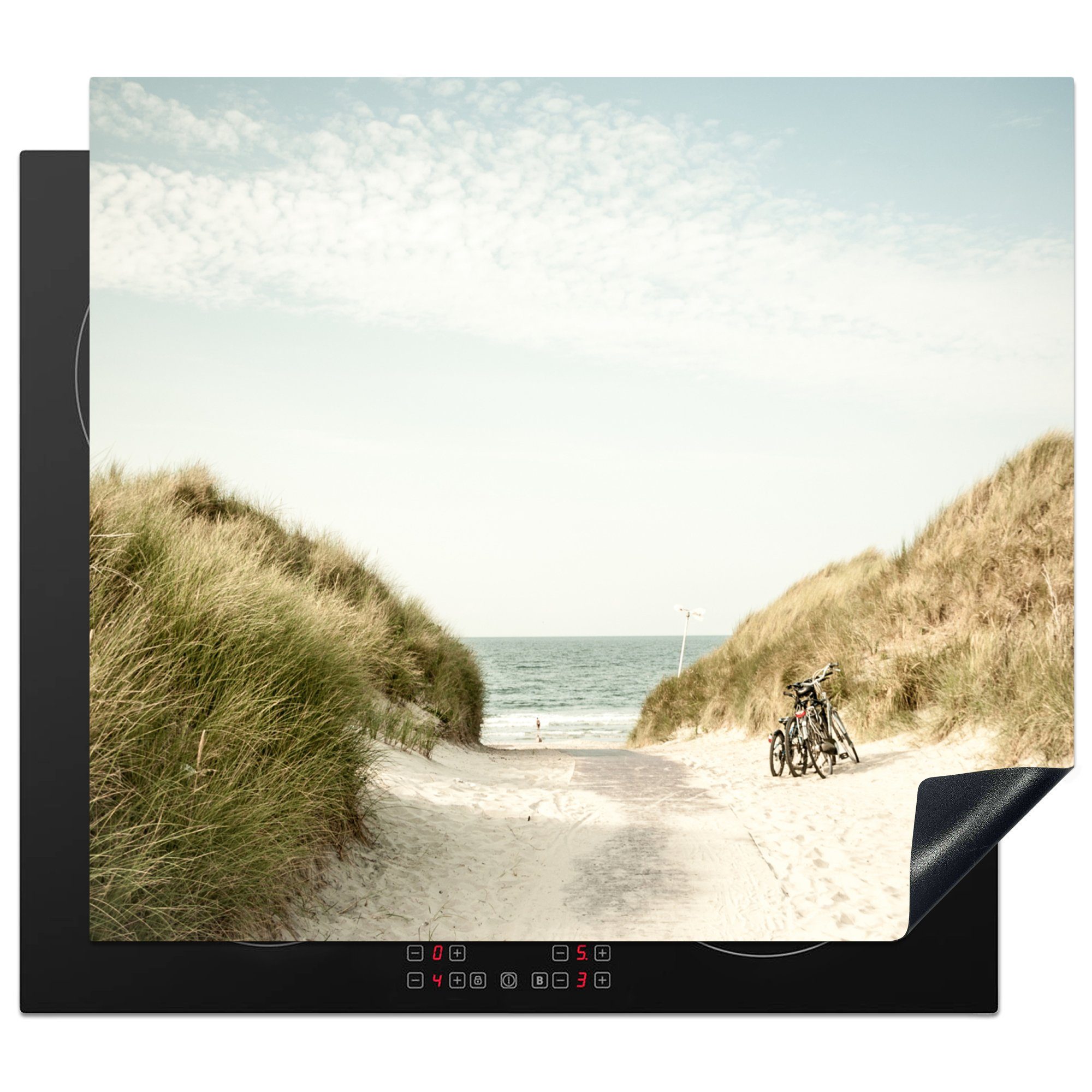MuchoWow Herdblende-/Abdeckplatte Strand - Fahrrad - Wolken, Vinyl, (1 tlg), 59x52 cm, Ceranfeldabdeckung für die küche, Induktionsmatte
