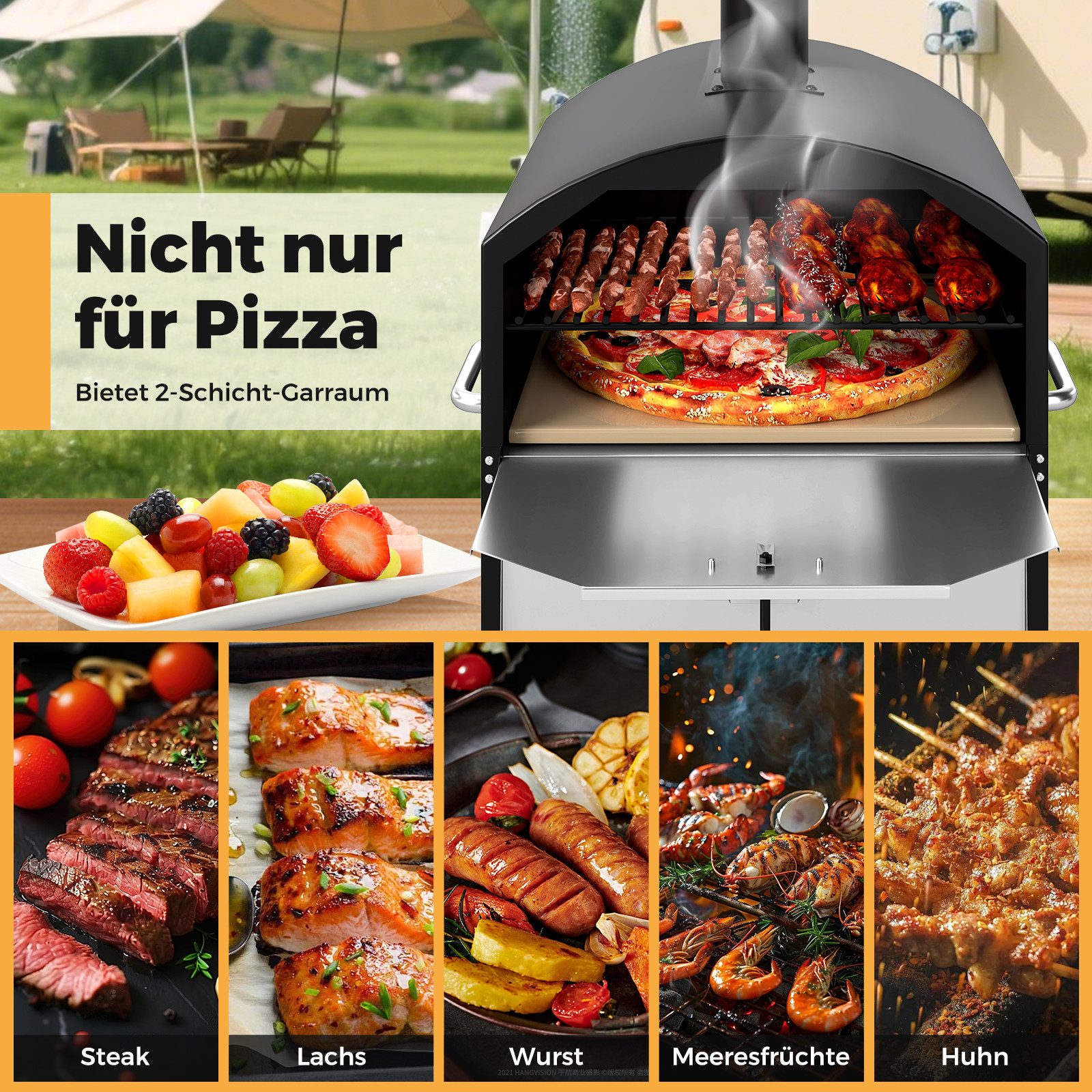COSTWAY Pizzaofen, 2-Schichter Holzofen,Brennofen mit Pizzastein, Schaufel