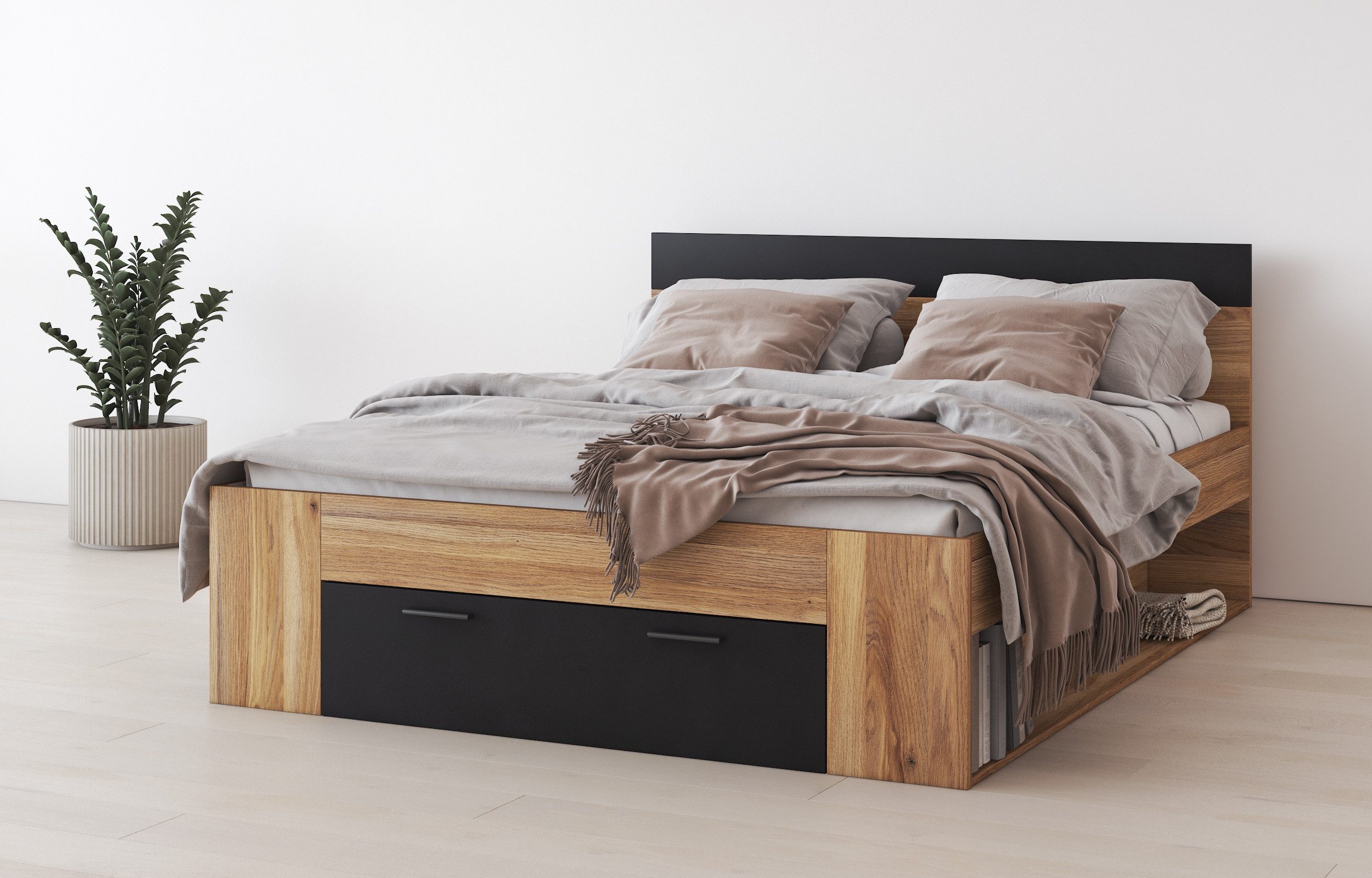 Home affaire Bettgestell Faweza, Breite 160 bzw. 180 cm, Stauraumbett, Funktionsbett Schublade mit extra viel Stauraum