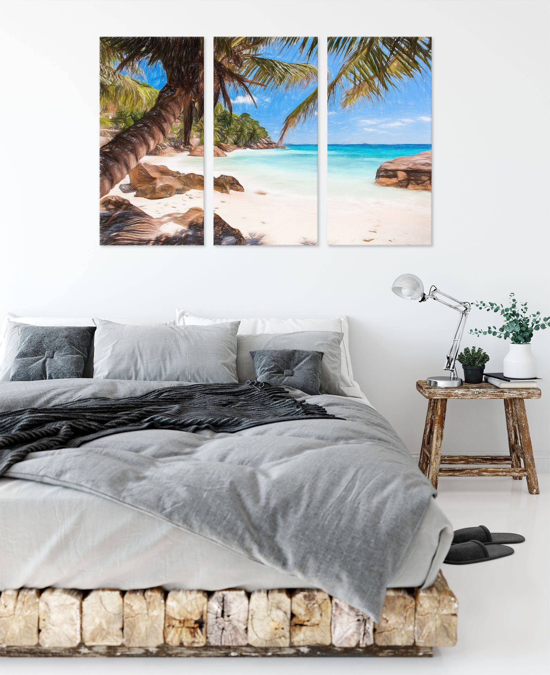 Palmenstrand Seychellen Leinwandbild Zackenaufhänger inkl. fertig (120x80cm) (1 3Teiler bespannt, Leinwandbild Seychellen, Pixxprint St), Palmenstrand