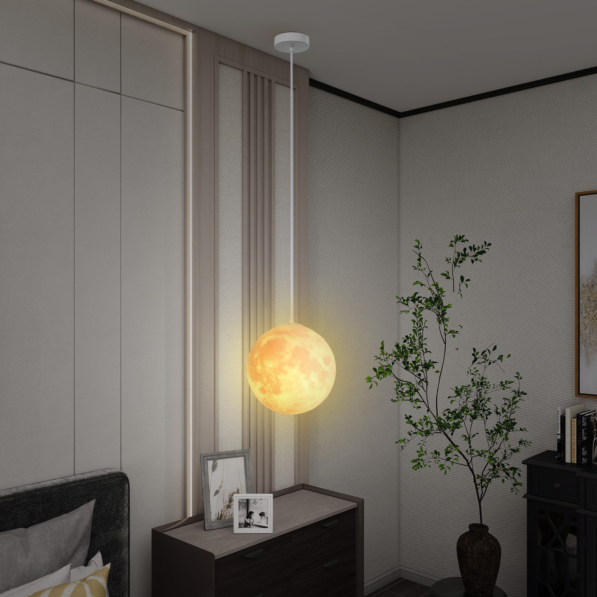 HOMCOM Pendelleuchte 3D Mondlampe mit APP Steuerung, Intelligente LED-Glühbirne, Deckenlampe mit CCT und RGB Farbwechsel