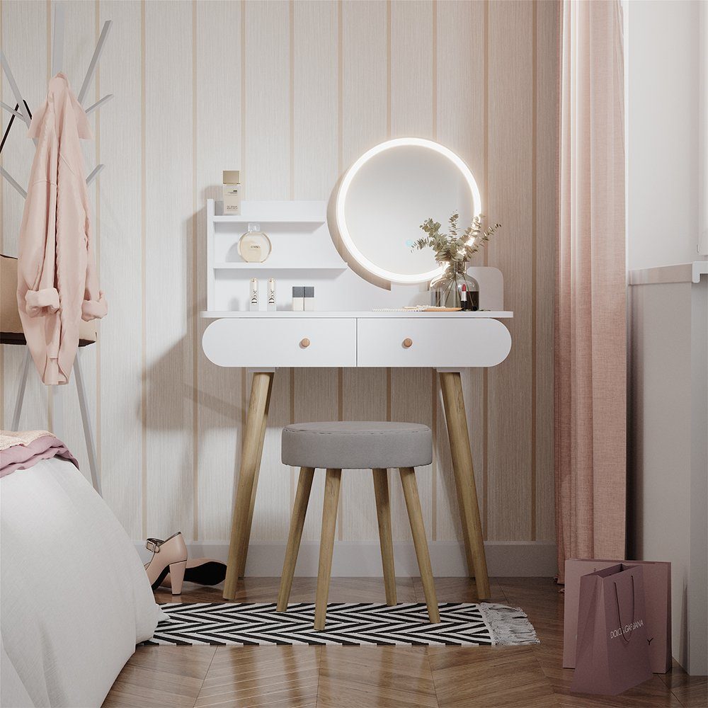 Vicco Schminktisch Edda, Weiß, 80 cm mit LED Beleuchtung und Hocker günstig online kaufen