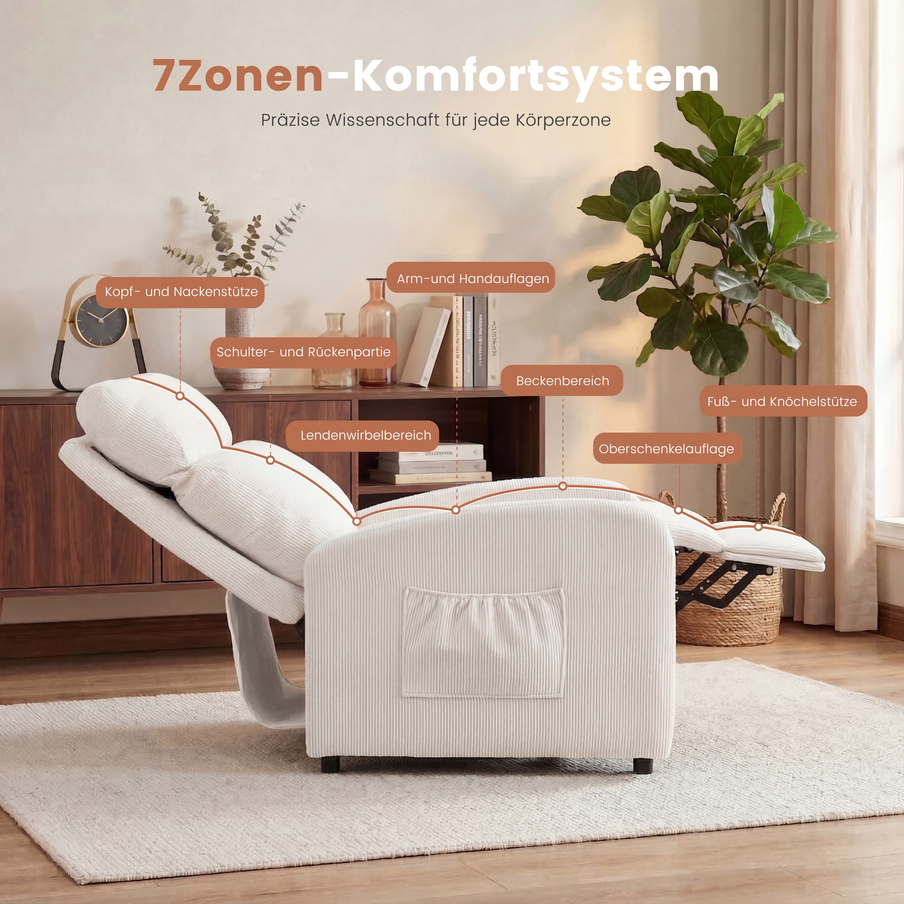 oyajia Relaxsessel Ergonomischer Liegesessel mit Relaxfunktion (verstellbare Rückenlehne & Seitentasche für mehr Funktion, Cordstoff), Fernsehsessel, bis 150 kg belastbar, 95°-145°