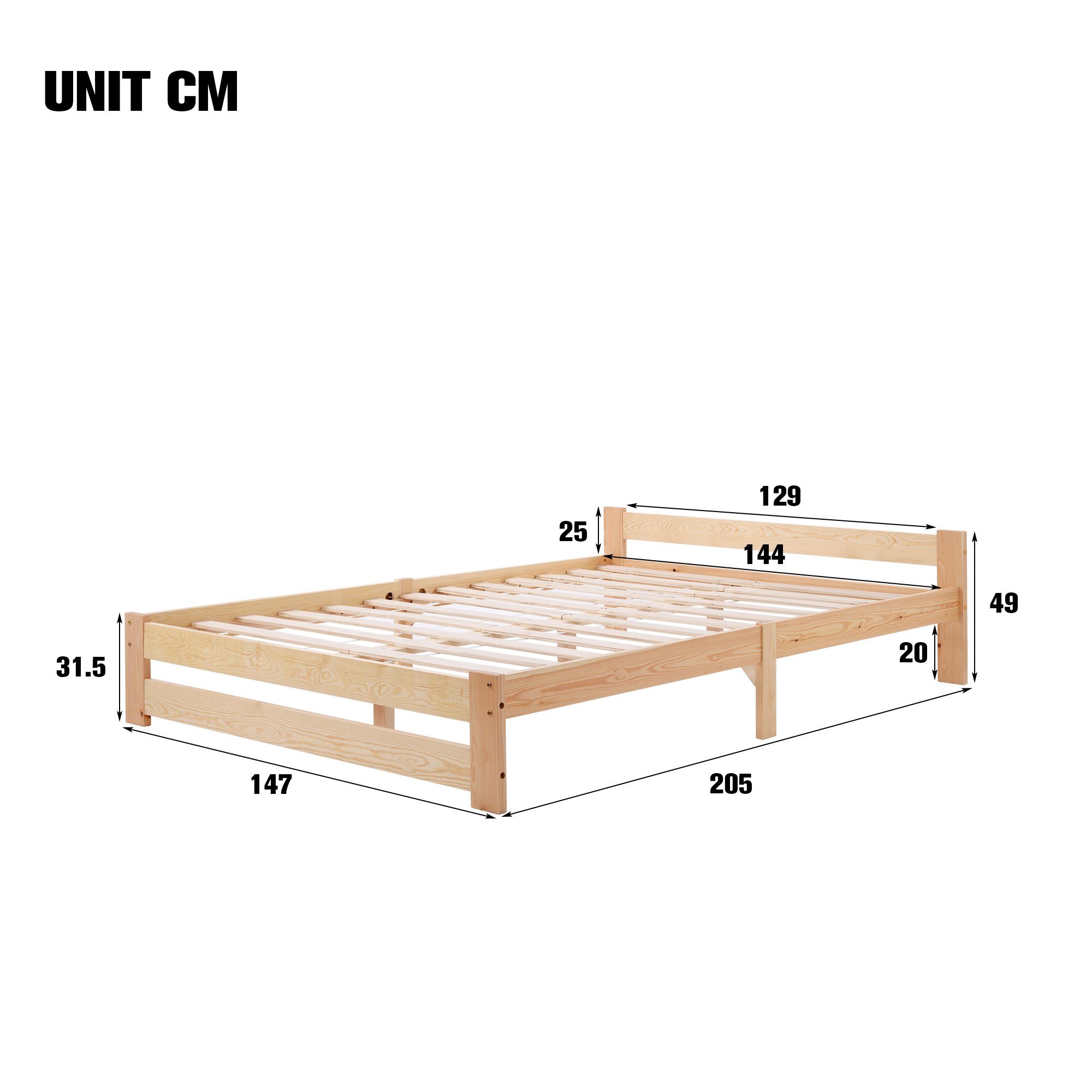 Futonbett (Doppelbett), Ehebett Massivholzbett mit Kopfteil und Lattenrost, 200x140cm