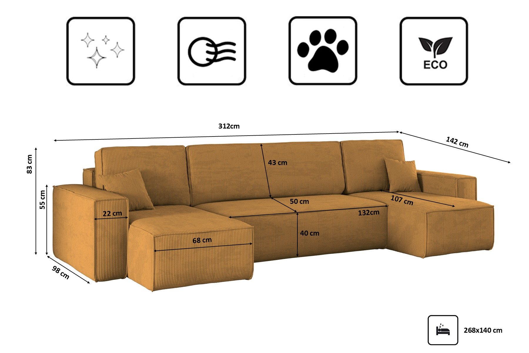 Kaiser Möbel Ecksofa mit schlaffunktion und bettkasten, Couch U-form BEST stoff Poso, Schlaffunktion, Bettzeugaufbewahrung, universal