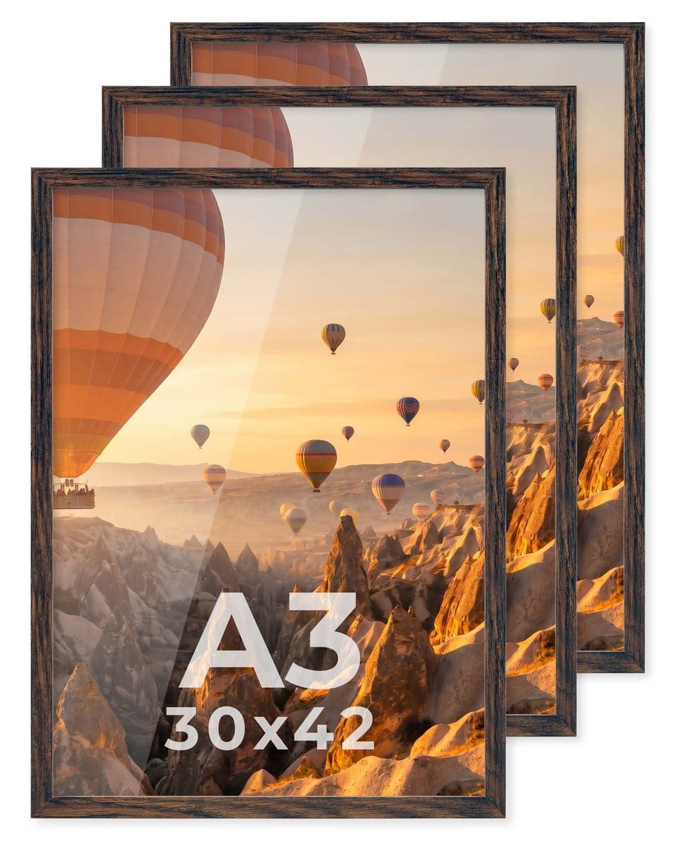 PHOTOLINI Bilderrahmen 3er Set modern mit bruchsicherem Acrylglas, Holz MDF, Fotos & Poster, für 3 Bilder (3er Set), Posterrahmen A3 30x42 cm zum Aufhängen