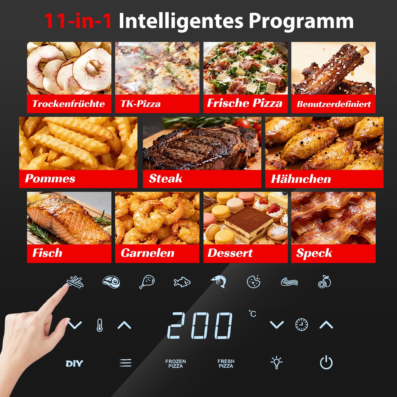Aigostar Heißluftfritteuse XL 745 cm² Garfläche, Pizzafunktion, Doppelheizung, Sichtfenster, 11 Programmen, 2200 W, leiser, Extra-Crisp Technologie, Touchscreen, Metall-Innenraum
