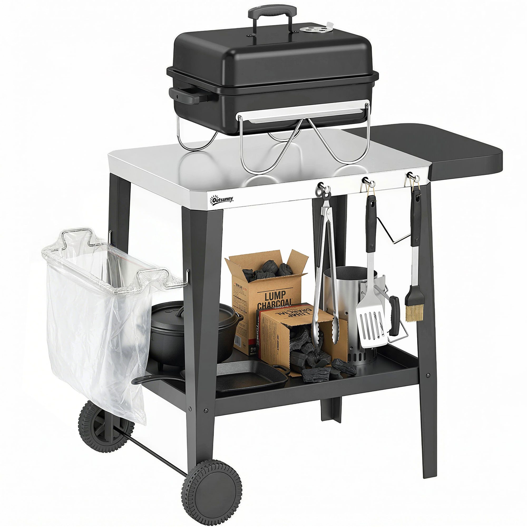 Outsunny Servierwagen Küchenwagen mit Rollen Haken Papierrollenhalter Müllsackständer, (Rollwagen, 1 St., Küchenwagen mit Rollen), aus Edelstahl 115 x 67,5 x 80,5 cm Schwarz