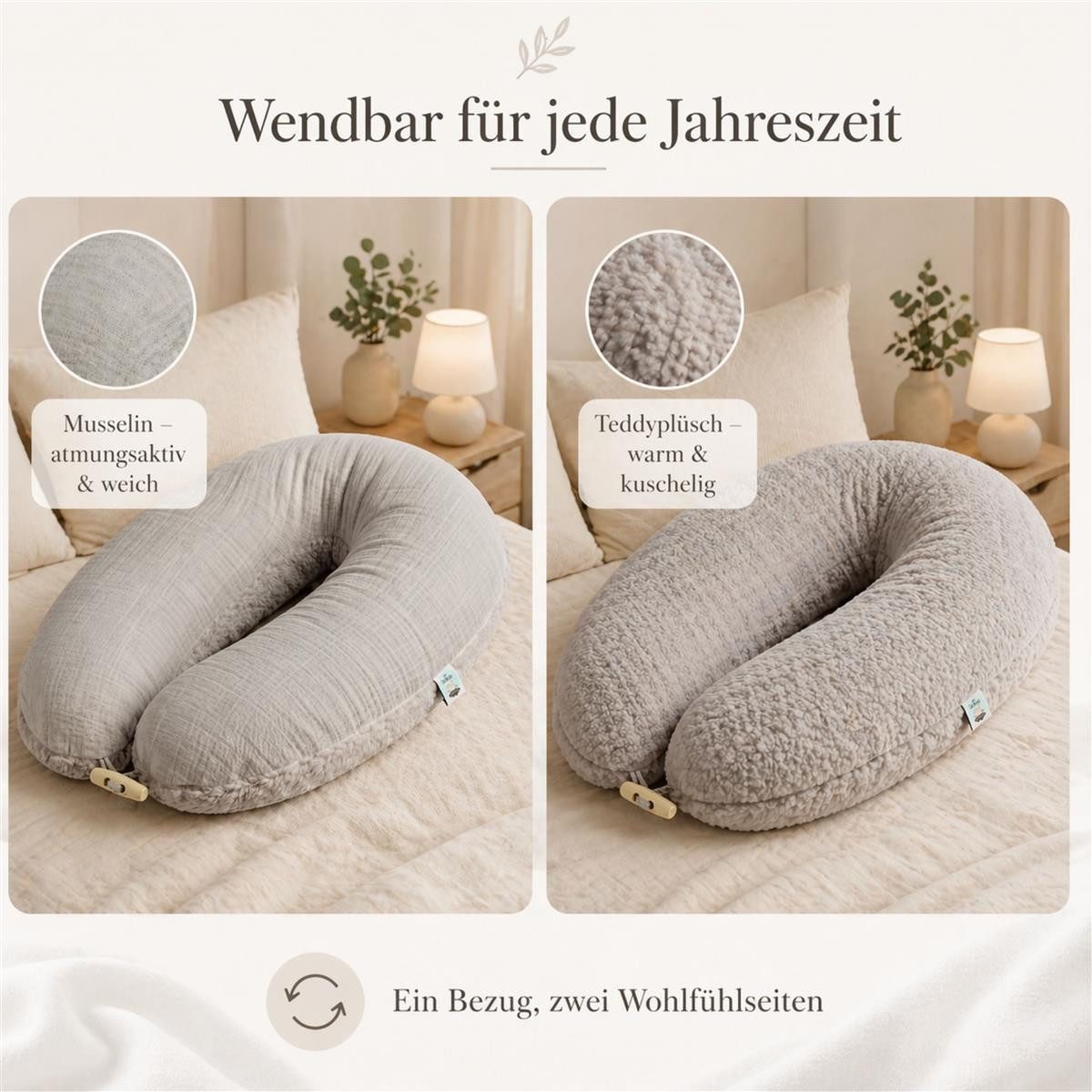 SEI Design Stillkissen XXL 190x35 cm Musselin EPS Mikroperlen Seitenschläferkissen GOTS Taupe, Schwangerschaftskissen mit Bezug, Schwangerschaftskissen mit Bezu – Bild 4 von 5