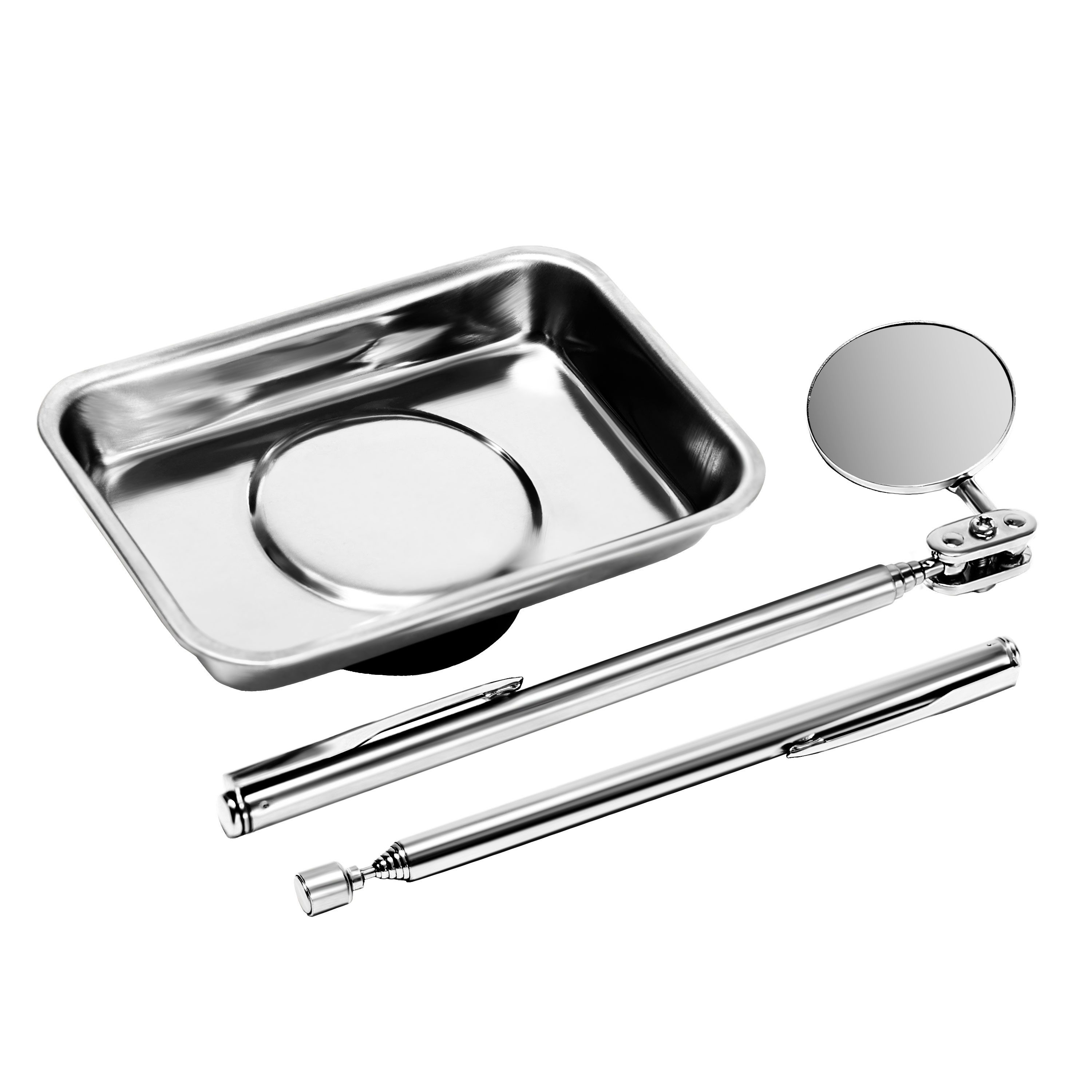 S&R Magnet Edelstahl Inspektionswerkzeug, Starker Magnetgreifer ausziehbar 630 mm (Set, 3-St., 1 x Teleskop Magnetheber, magnetischer Spiegel, Aufbewahrungsschale), Inspektionsspiegel D 32 mm ausziehbar bis 460 mm, Magnetschale 64x93mm