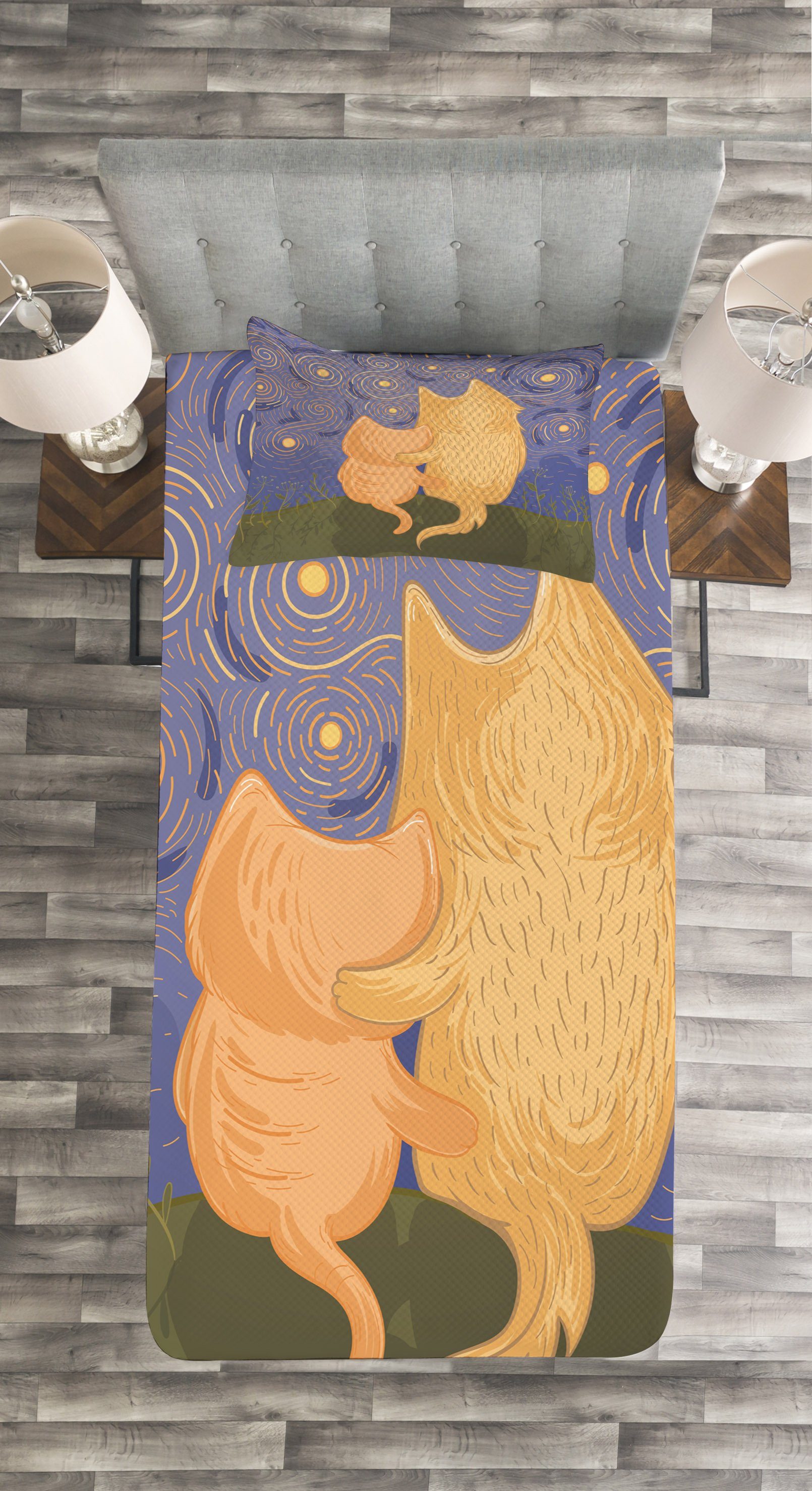 Tagesdecke Set mit Hund Kissenbezügen Hügel Tier Abakuhaus, Katze auf und dem Waschbar