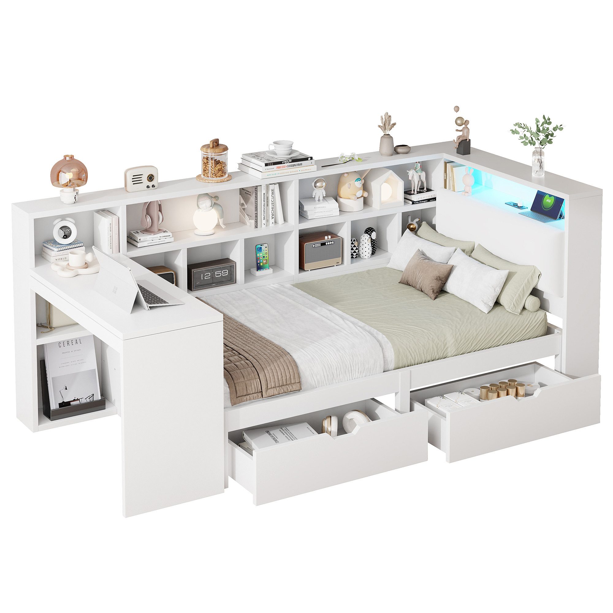 SOFTWEARY Stauraumbett mit Schreibtisch und LED-Beleuchtung (90x200 cm, Lattenrost, Regal, Schubladen, USB und Steckdosen), Einzelbett, Holzbett
