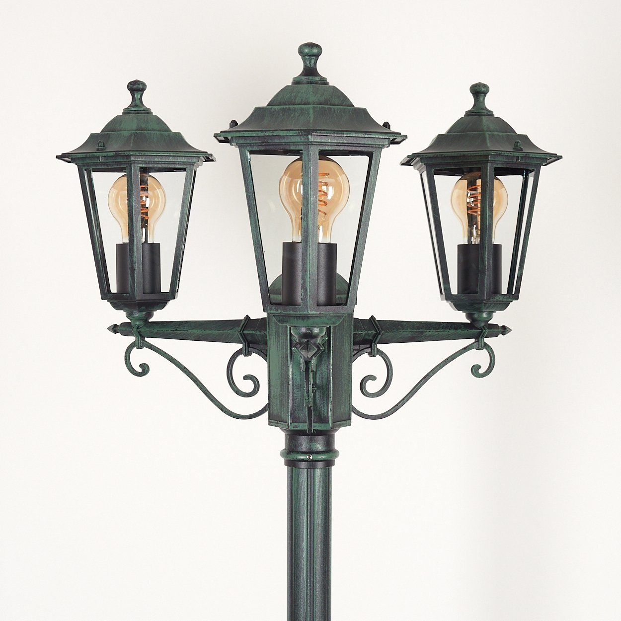 hofstein Außen-Stehlampe Wegeleuchte aus Metall/Glas in Schwarz-Grün/Klar, ohne Leuchtmittel, Kandelaber, Gartenbeleuchtung IP44, 3xE27, ohne Leuchtmittel