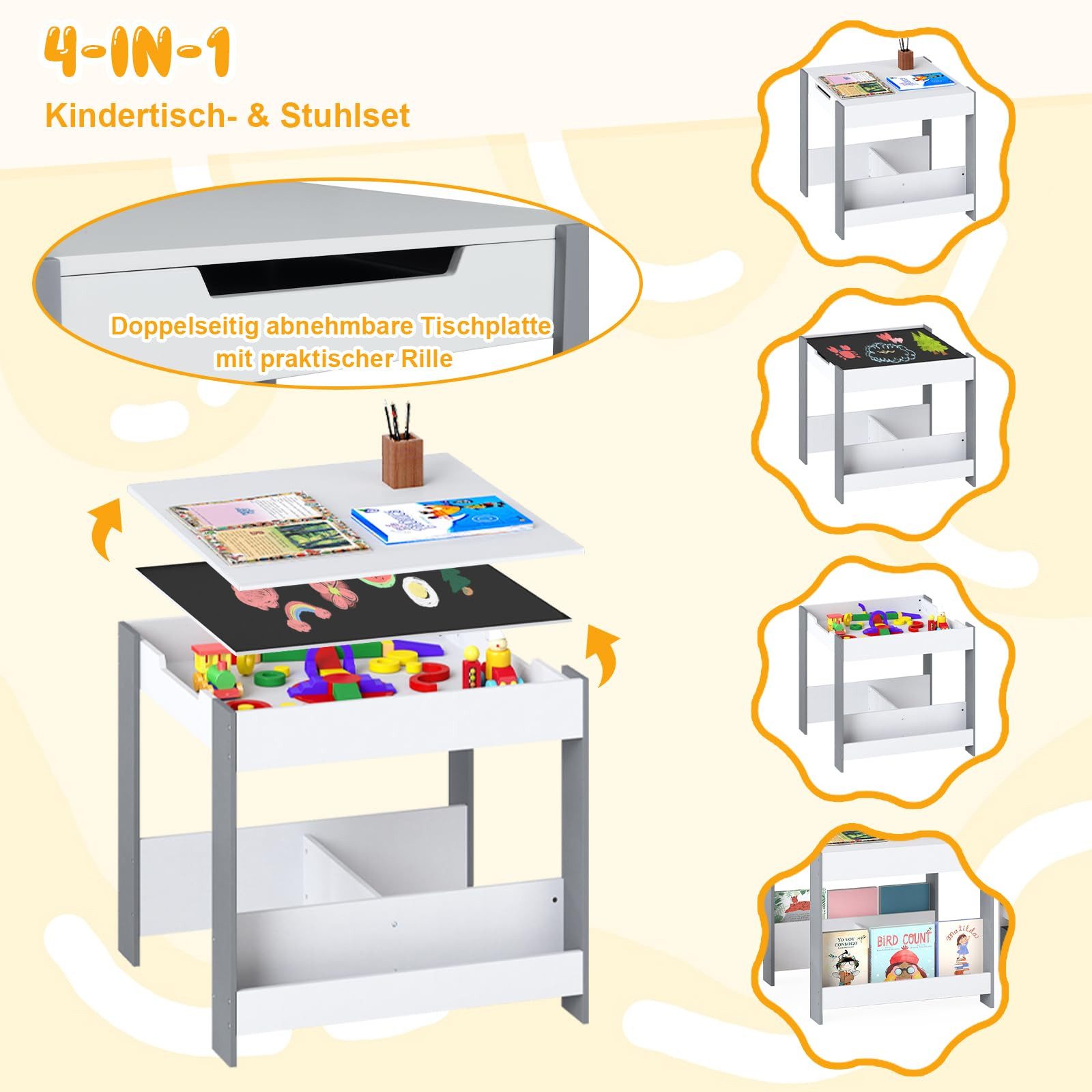 COSTWAY Kindersitzgruppe, (3-tlg), 4-in-1 Kindertisch mit 2 Stühlen, Stauraum