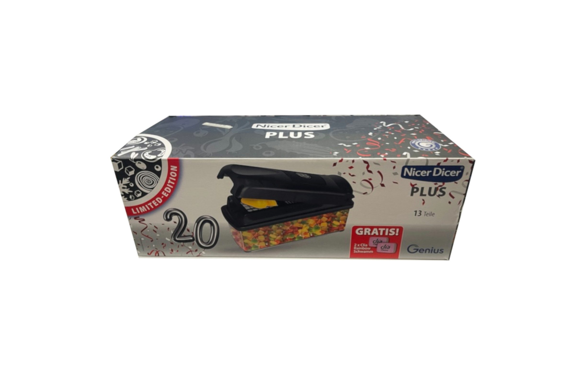 Genius Gemüse-Scheibenschneider Nicer Dicer Plus Jubiläums Edition 13-teilig schwarz inkl Clia Schwamm, (Küchenhelfer-Set, 13-tlg., Jubilärums-Edition), Plus Edition in Schwarz +2 Genius Clia Rainbow Putzschwämme