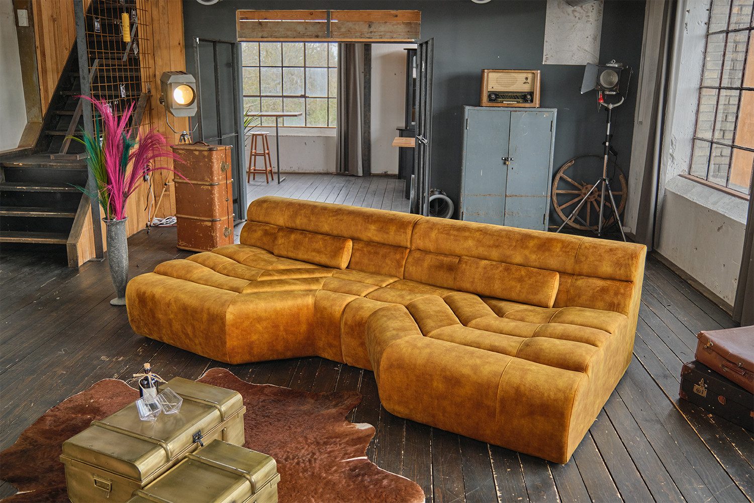 KAWOLA Big-Sofa TARA, Sofa Couch Velvet Vintage verschiedene Farben 286x143 cm