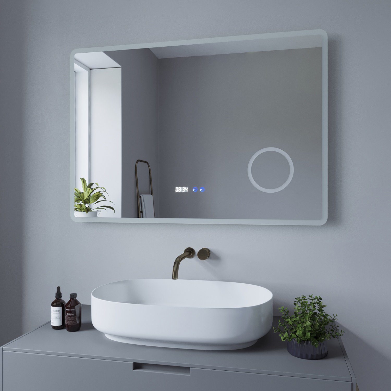 dimmbar, Badspiegel fach-Vergrößerung LED mit AQUALAVOS Uhr, 3 Energiesparend mit Beleuchtung Badspiegel Schminkspiegel, Beschlagfrei Kosmetikspiegel Kaltweiß,