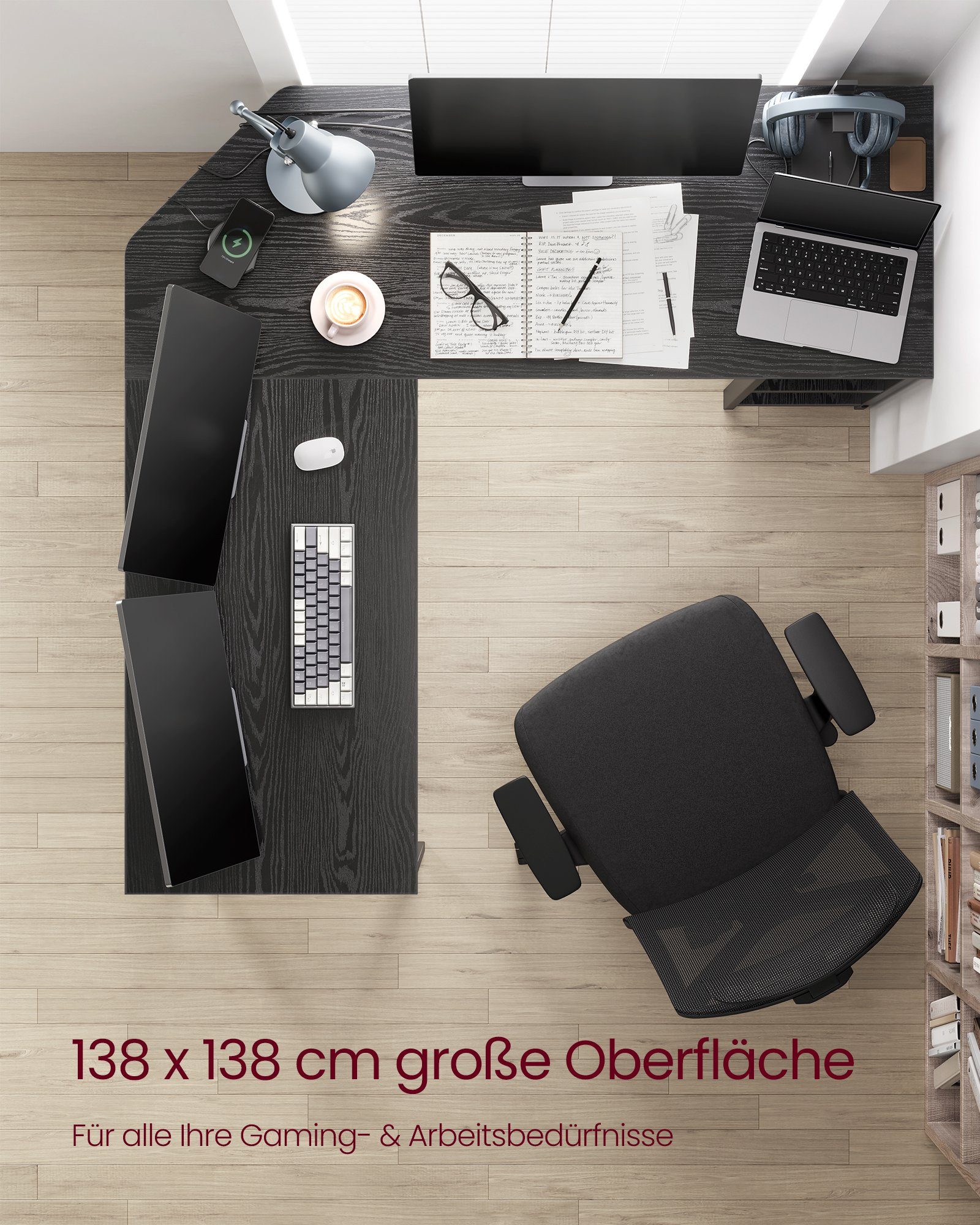 VASAGLE Schreibtisch L-förmiger Computertisch, Eckschreibtisch, Gaming, Homeoffice, 138 x 138 x 76 cm, mit 2 Ablagen, platzsparender, einfacher Aufbau