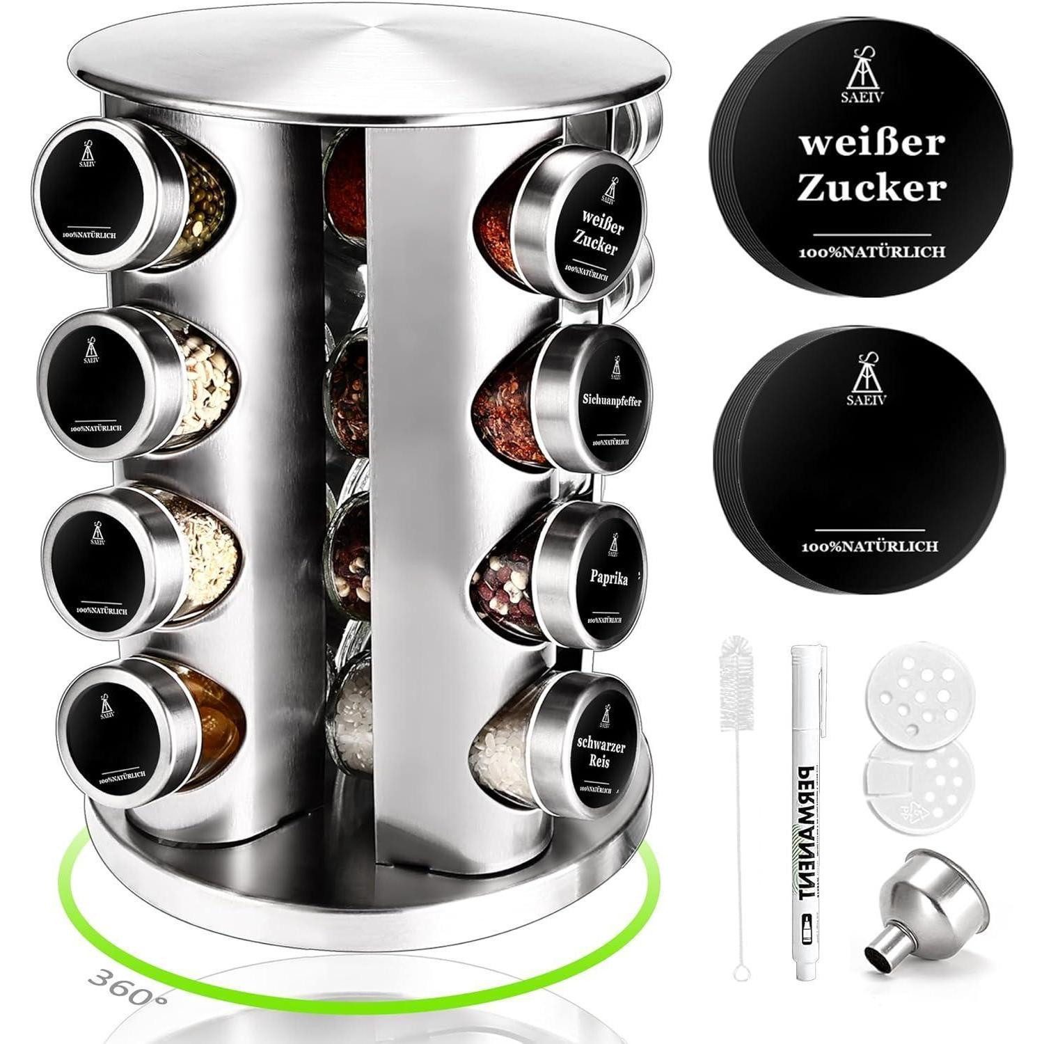 Gewürzregal 360° Rotation Gewürzregal mit 16 Gewürzdosen und Etiketten