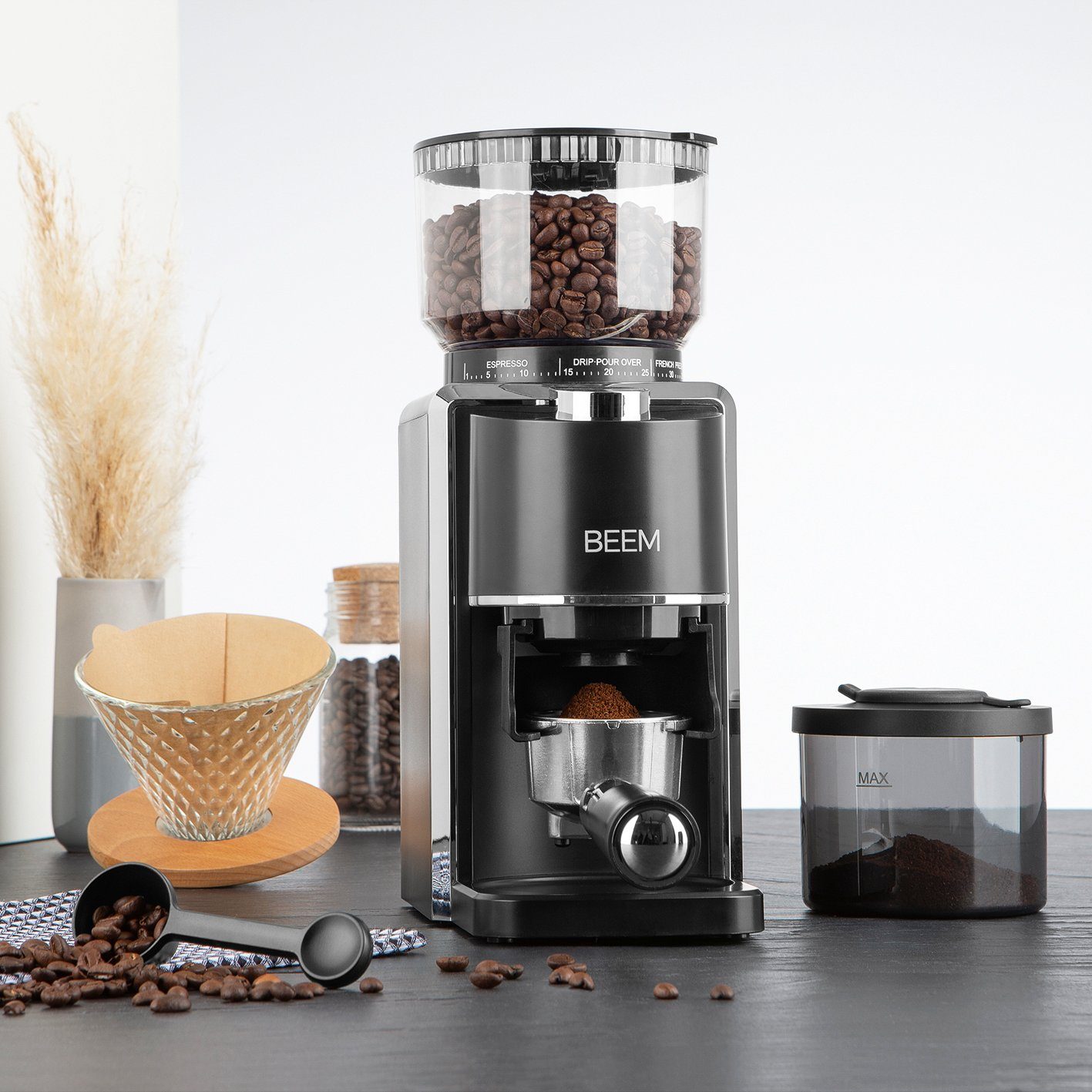BEEM Kaffeemühle GRIND-PERFECT elektrisch 250 g, 150,00 W, 250,00 g  Bohnenbehälter, Mengendosierung per Drehrad einstellbar (2-12 Tassen) | Kaffeemühlen