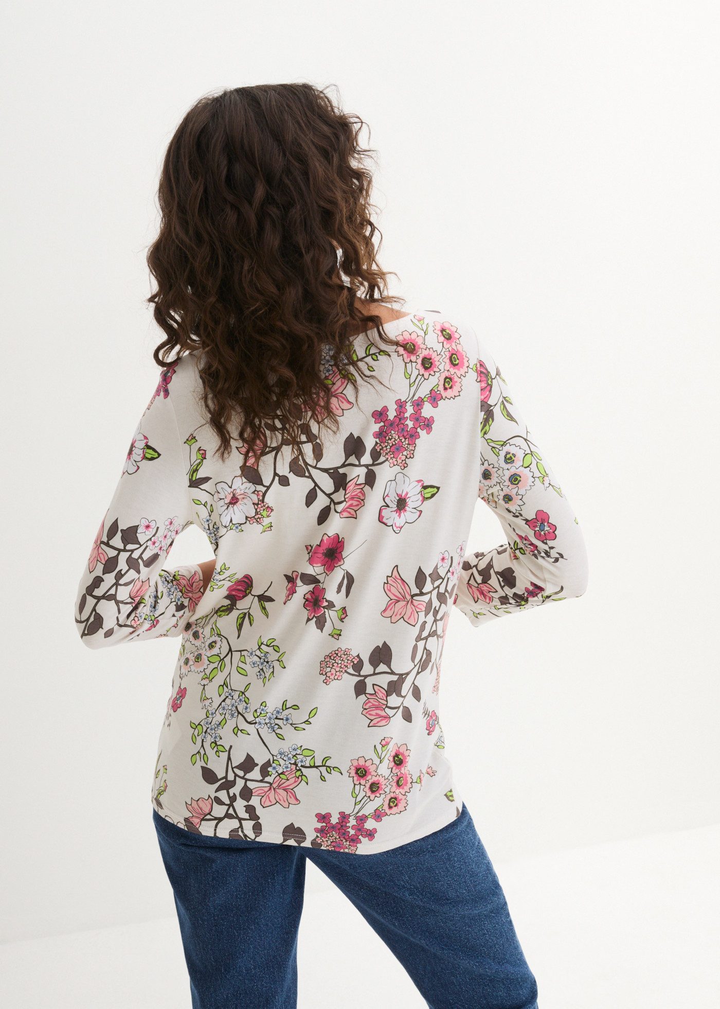bonprix T-Shirt aus Viskose, mit Blumendruck, loose fit, 3/4-Ärmel